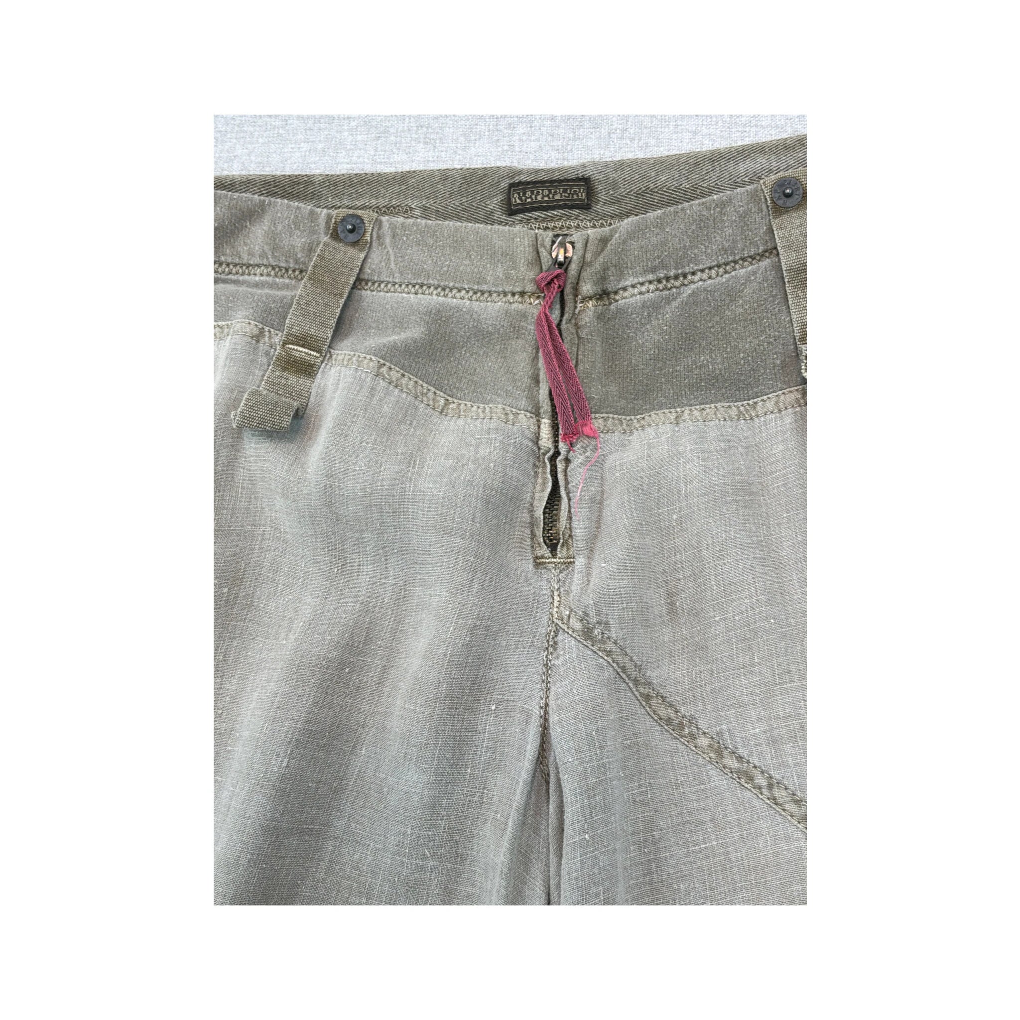 Calças vintage Blue Cult de perna larga em Mistura de Linho com Patchwork