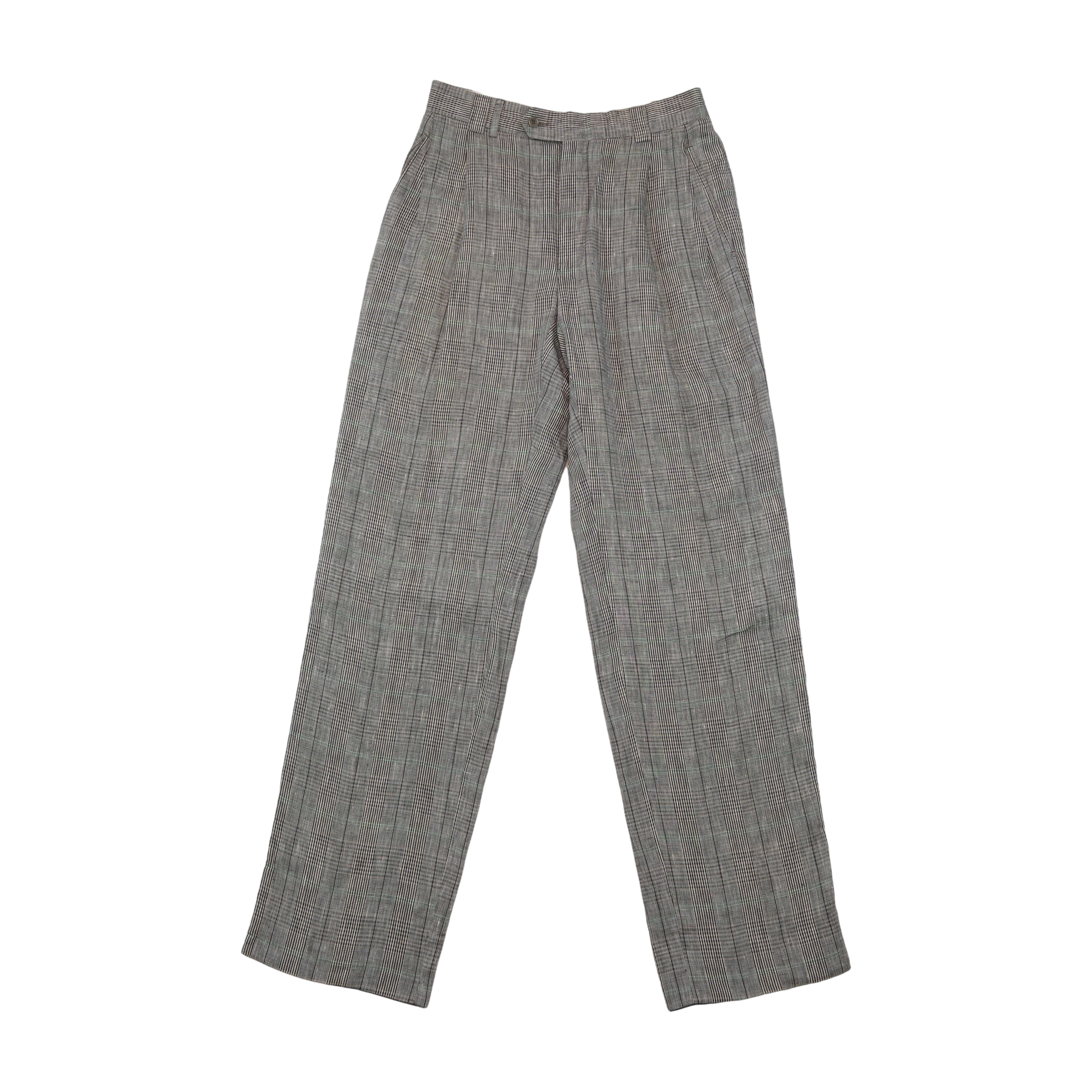 Calças Plissadas vintage cinzentas em Linho em xadrez