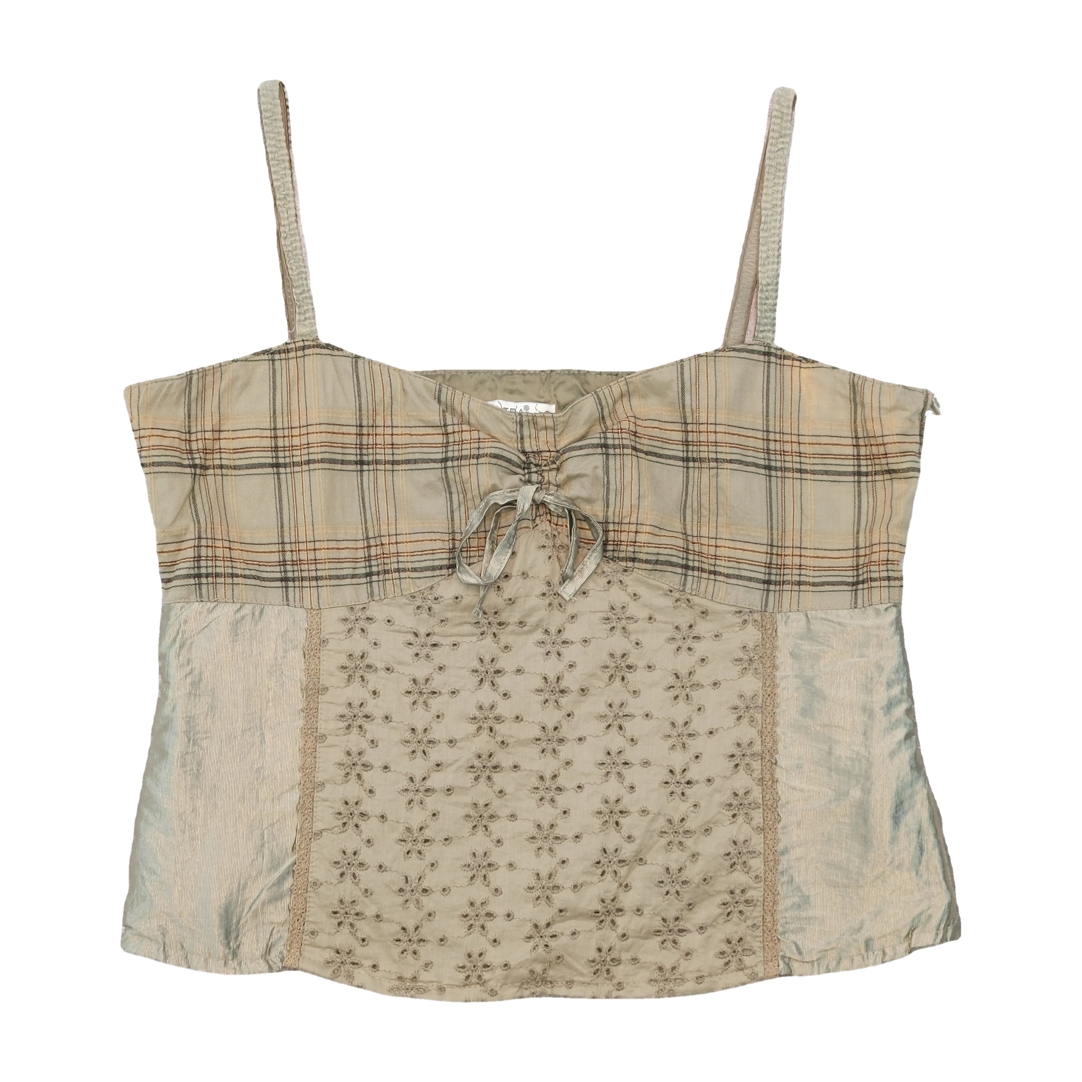 Top de alças Bandolera Bordado com Patchwork em xadrez
