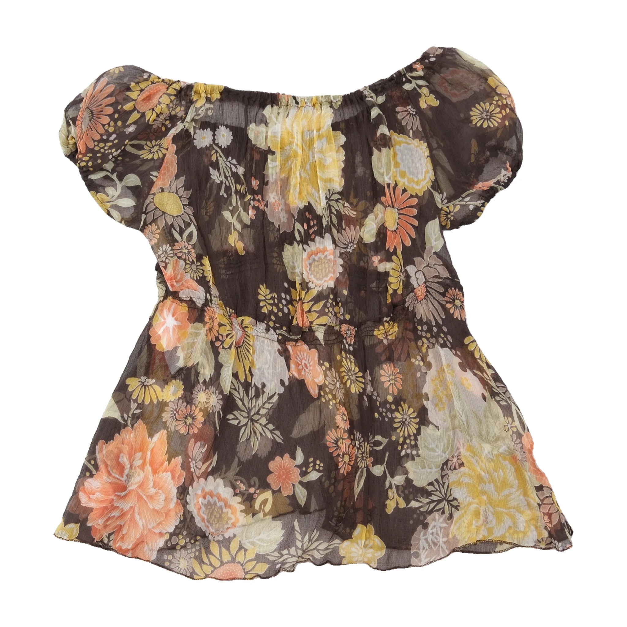 Sheer Floral Babydoll Tunic Blouse with Puff Sleeves