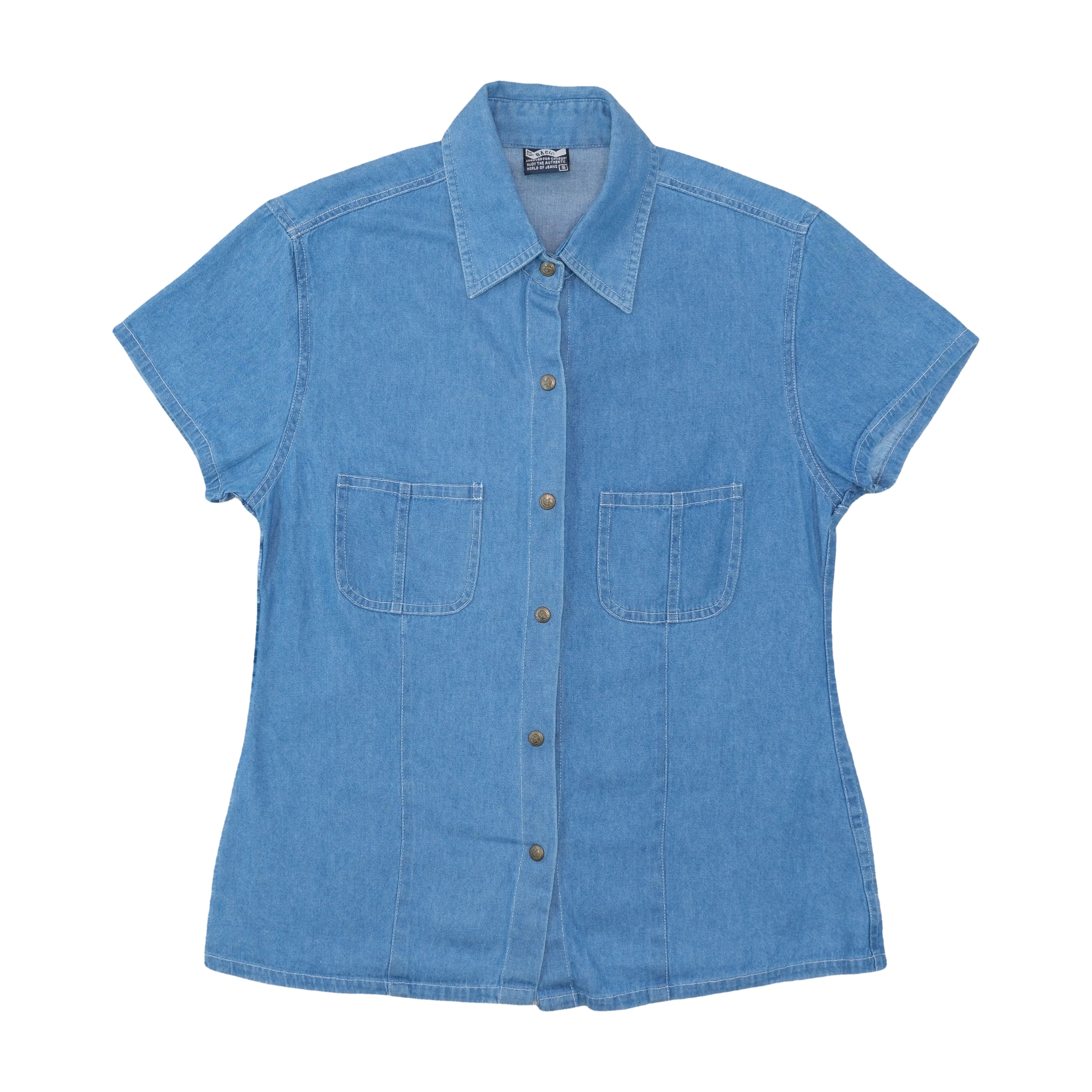 Blue Jeans Basic Distressed Wash Button-Up Short Sleeve Shirt