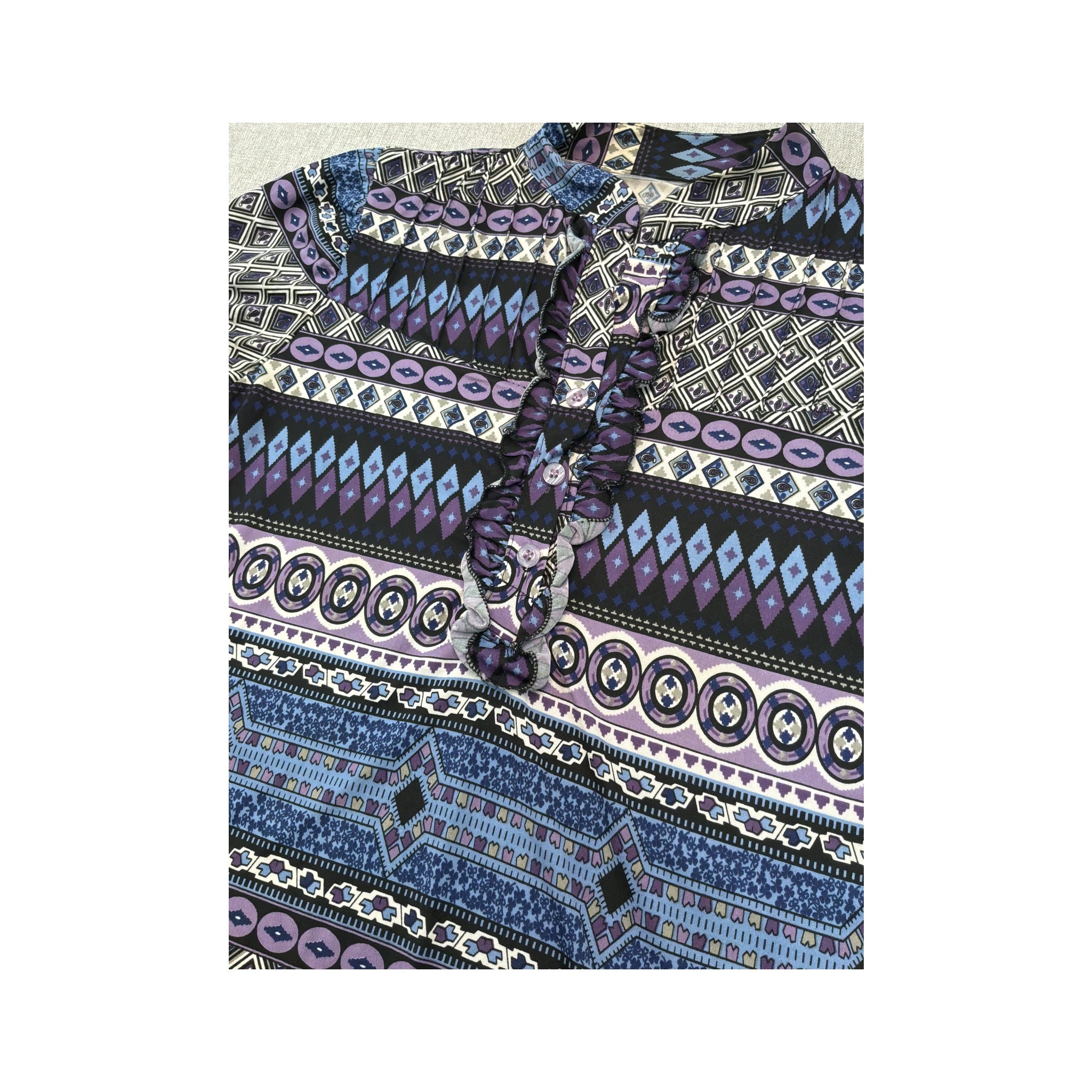 Vintage Geometric Ruffle Front Blouse