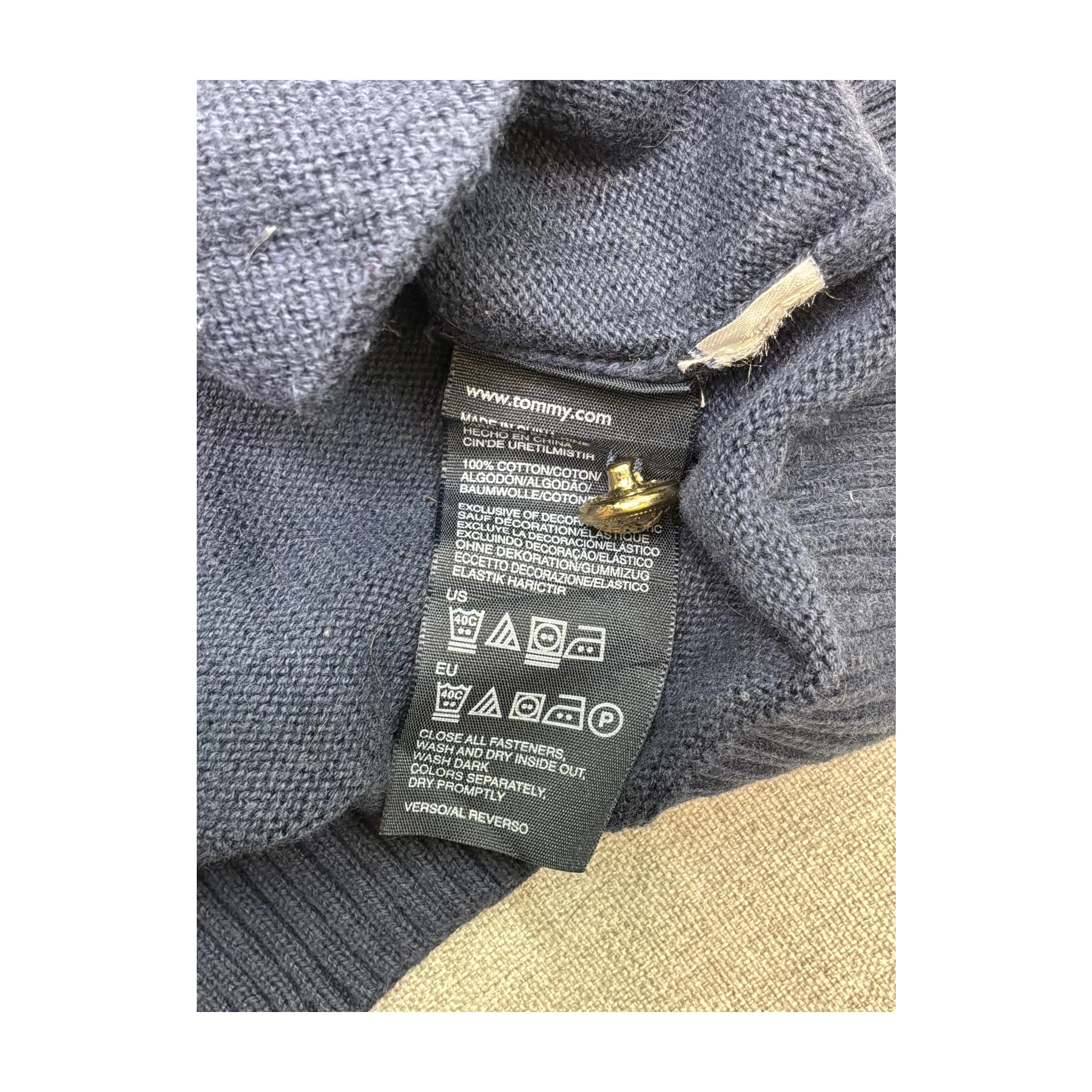 Casaco de malha Tommy Hilfiger Azul-marinho com decote em V e Acabamento às riscas vermelhas/Brancas