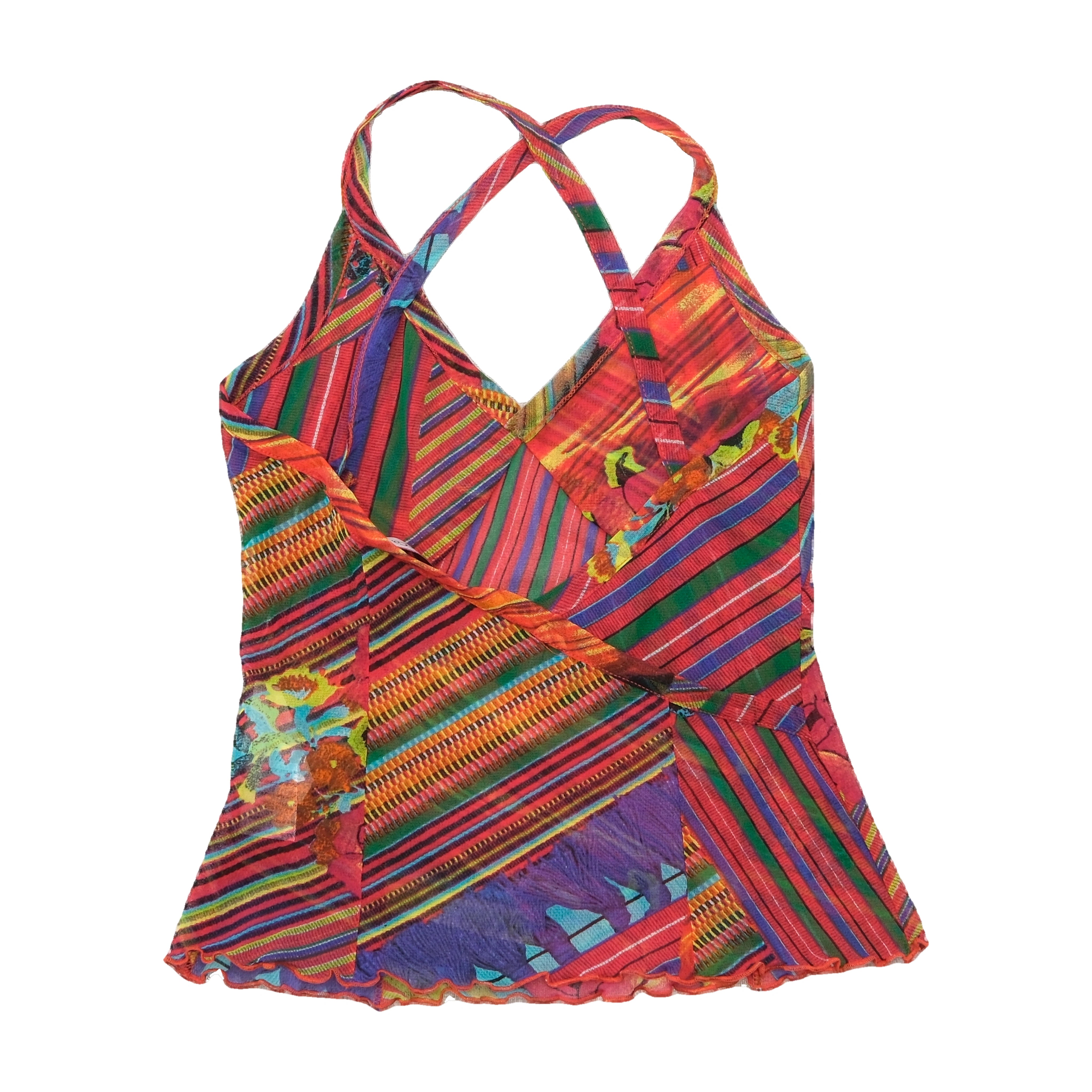 Abstract Stripe Floral Mesh Tank Top
