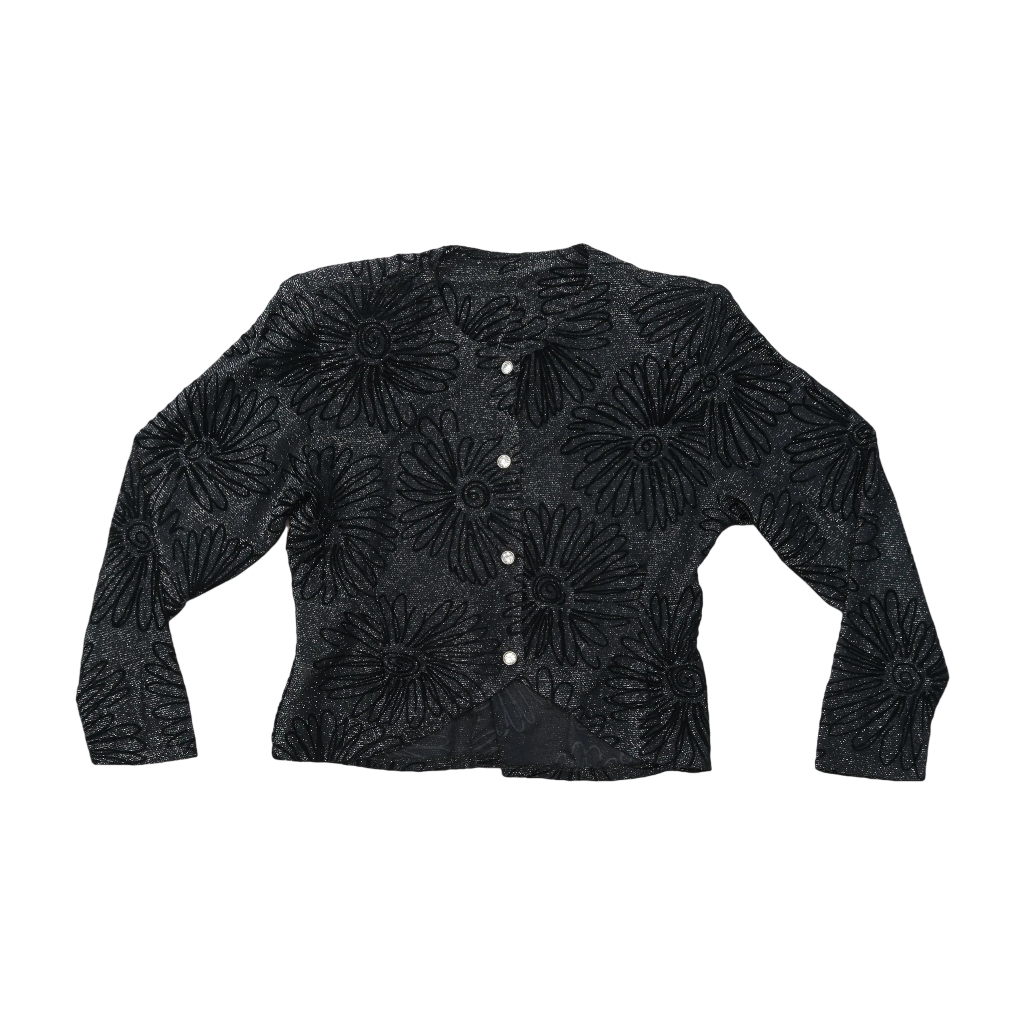 Blusa vintage preta em Viscose Texturada Brilhante com estampado floral