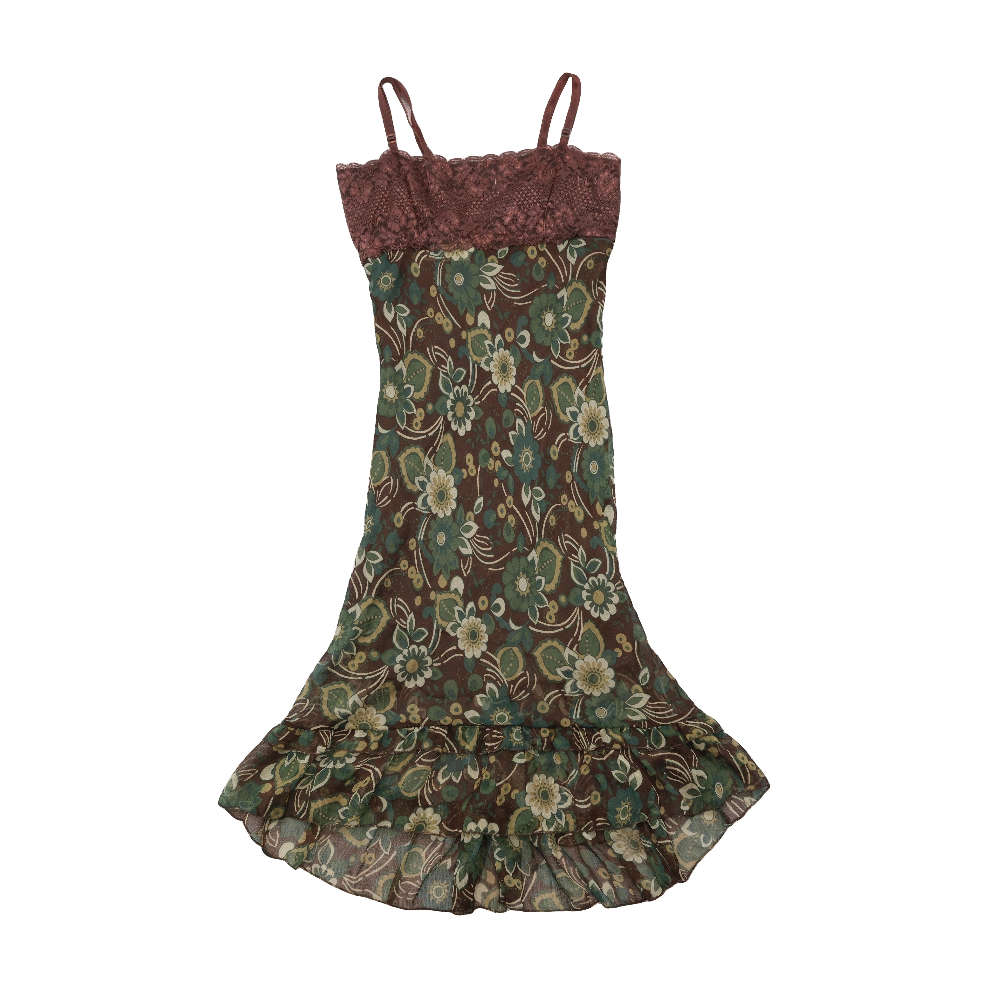 Brown Floral Lace Trim Slip Dress