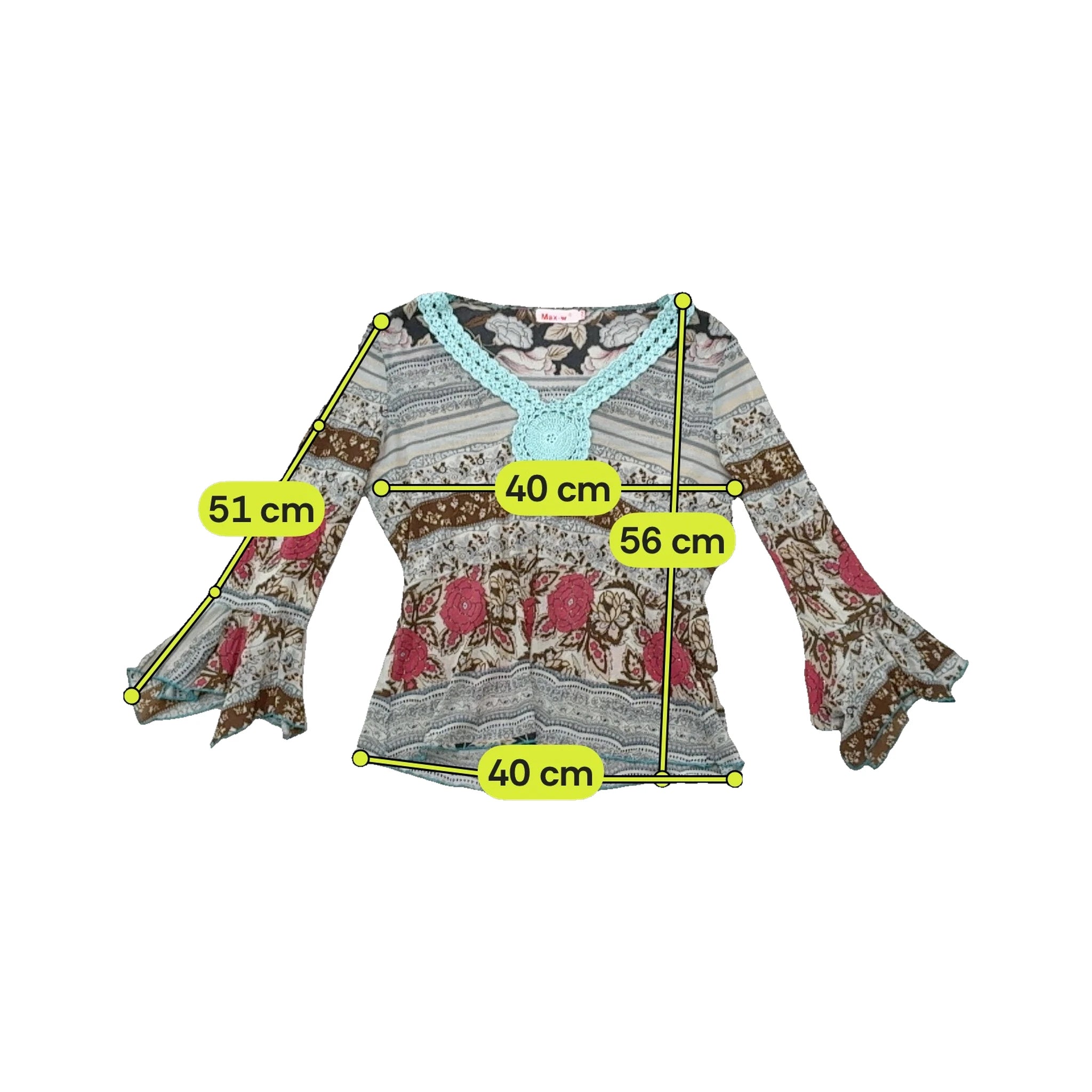 Max-w Floral Stripe Crochet Trim Bell Sleeve Blouse (repriced)