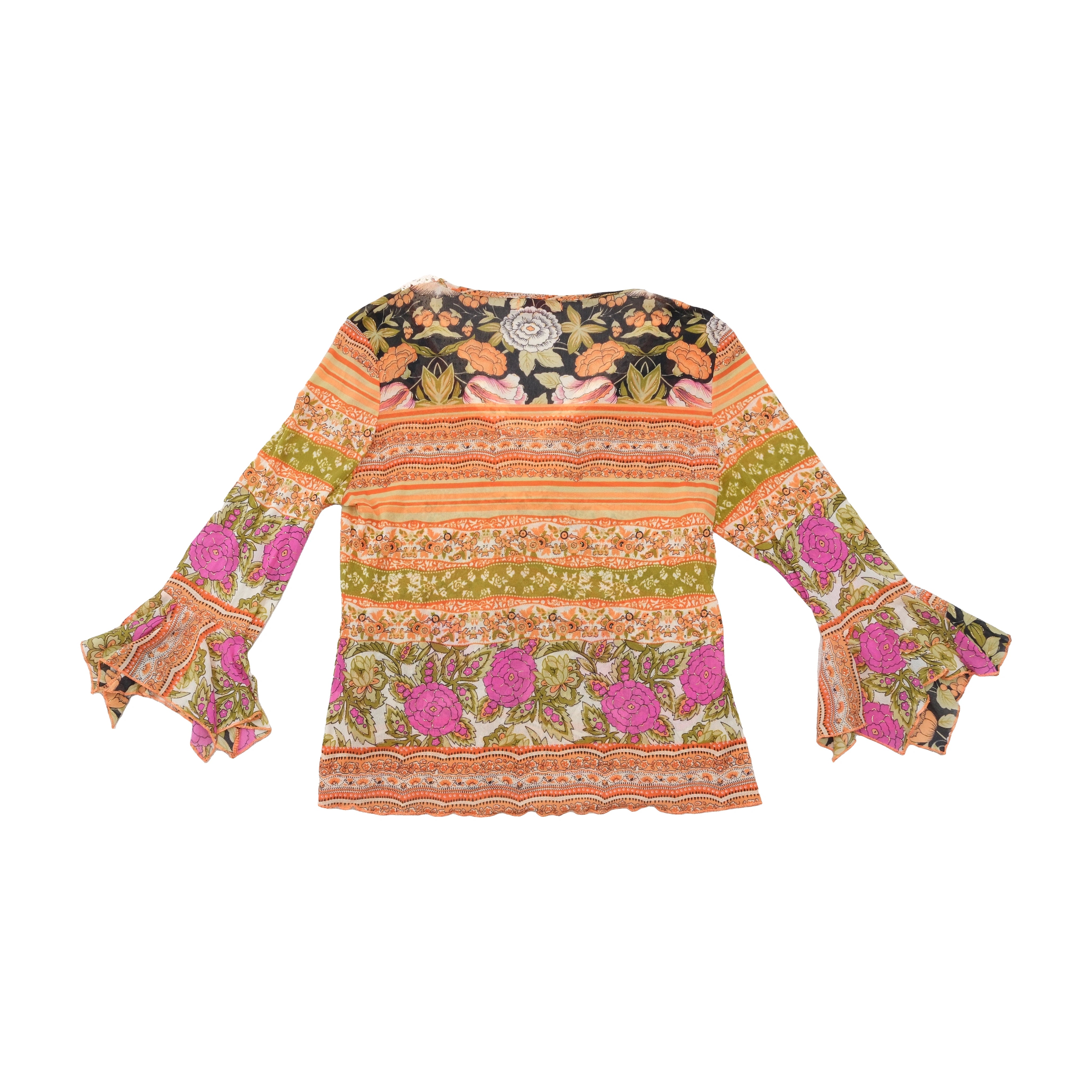 Max-w Floral Stripe Crochet Trim Bell Sleeve Blouse
