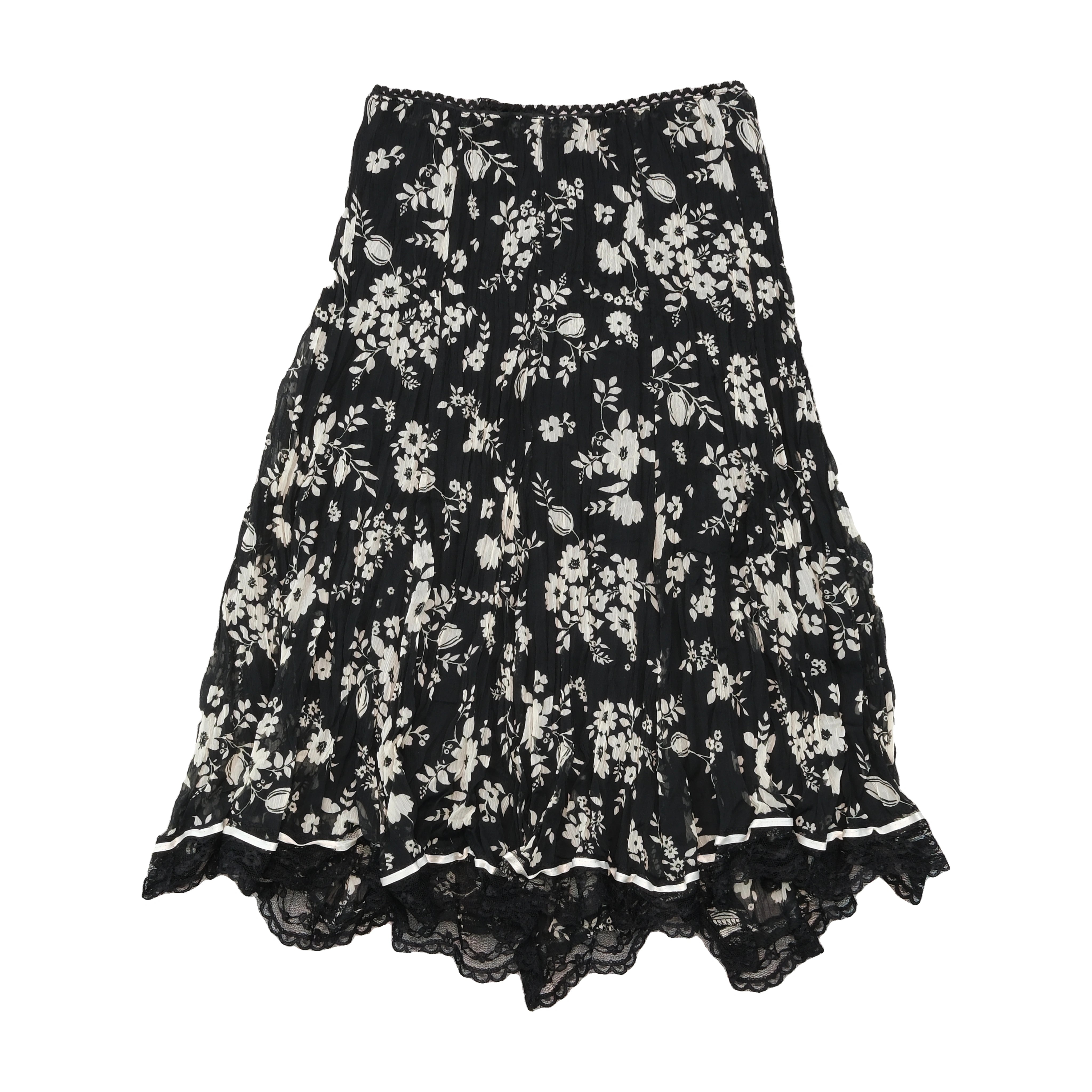 Woman Floral Crinkle Lace Hem Skirt