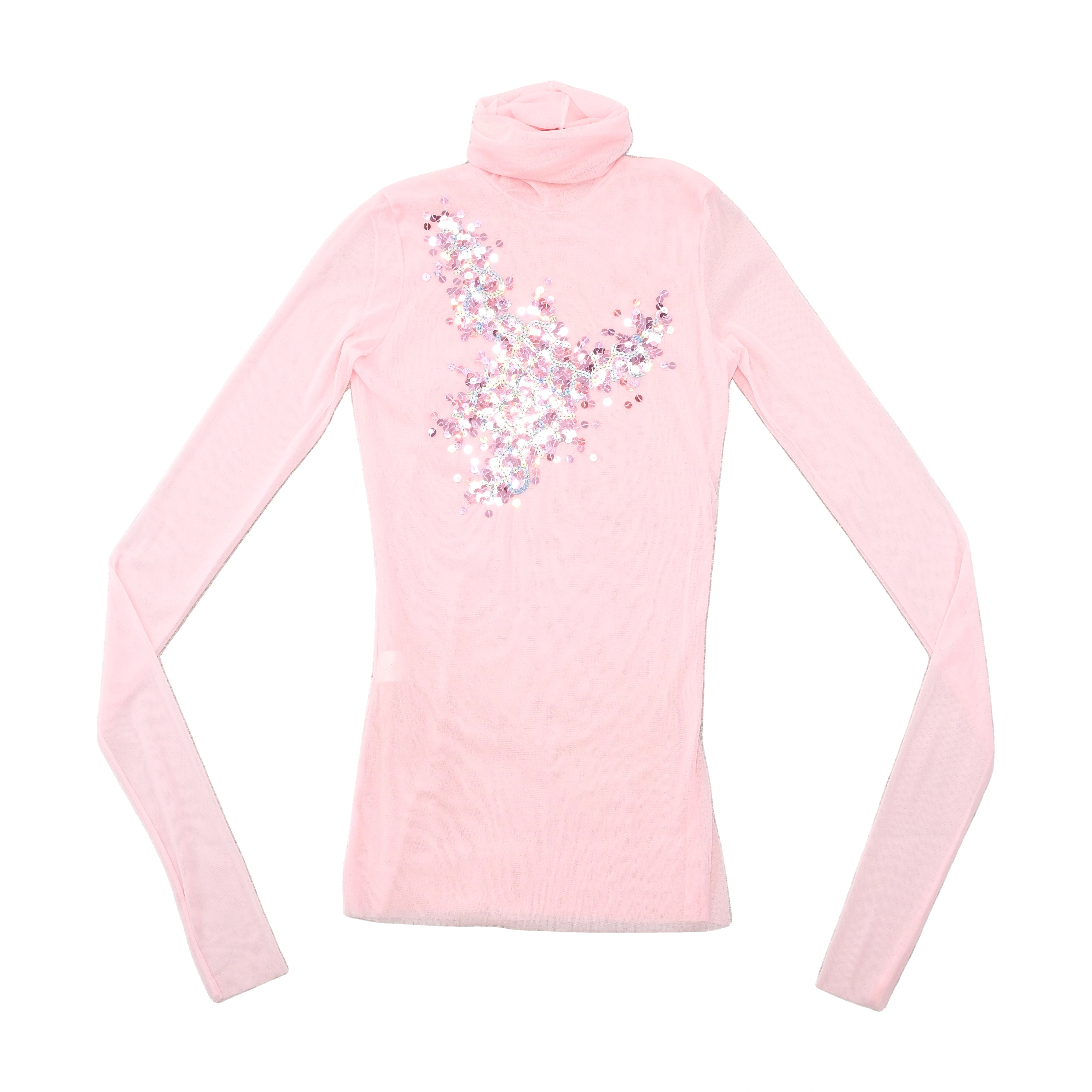 Pink Sequin Embellished Mesh Turtleneck Blouse