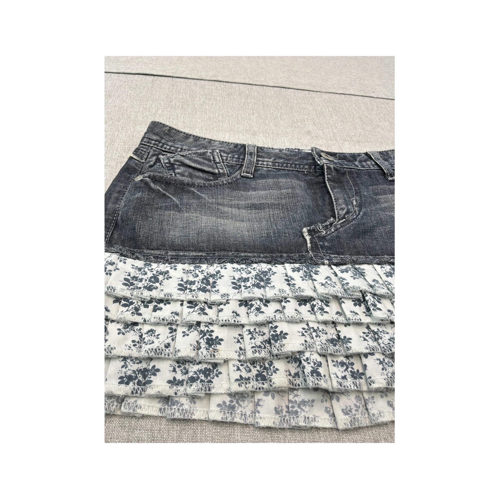 Guess Y2K Floral Ruffle Denim Mini Skirt