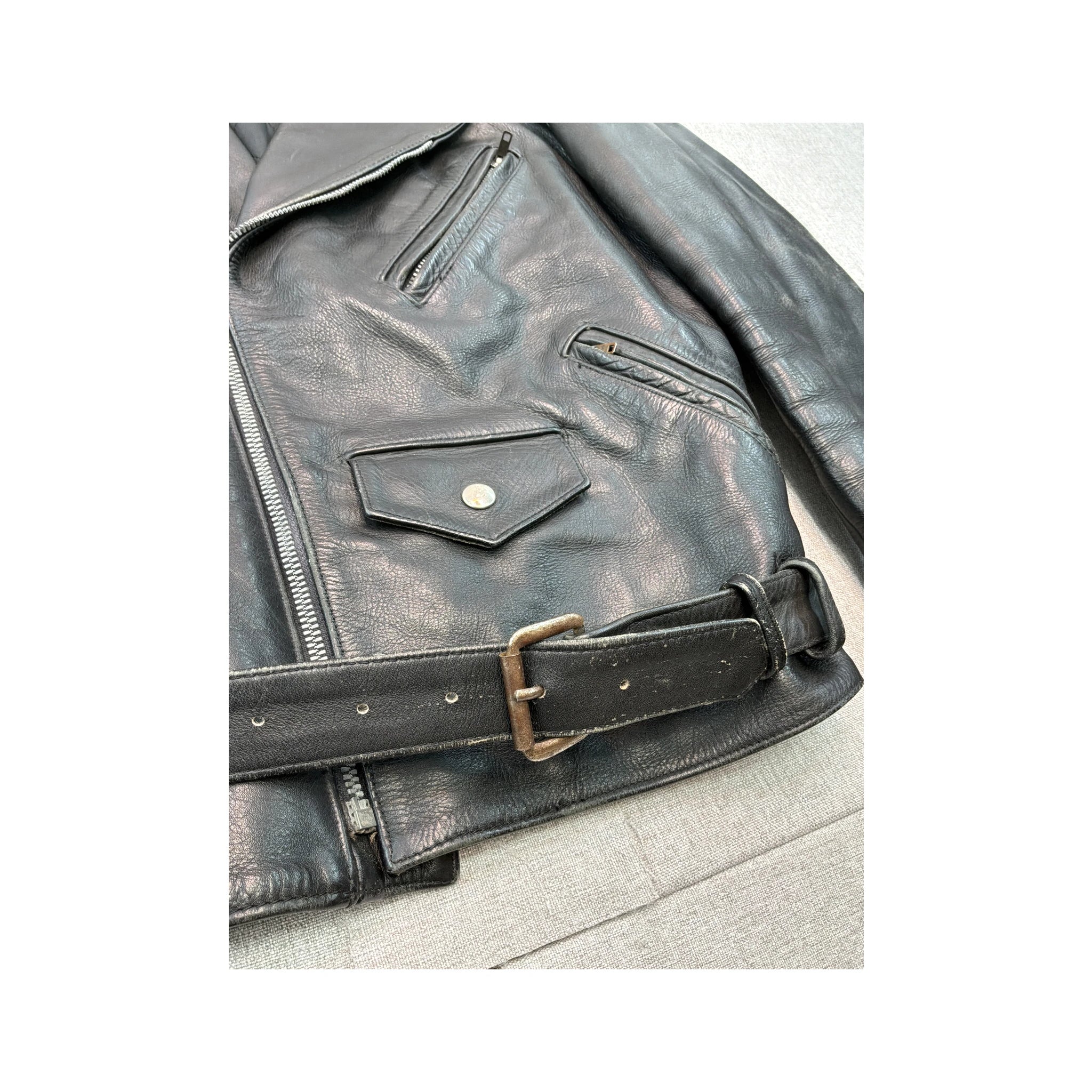 Vintage Black Leather Belted Moto Jacket
