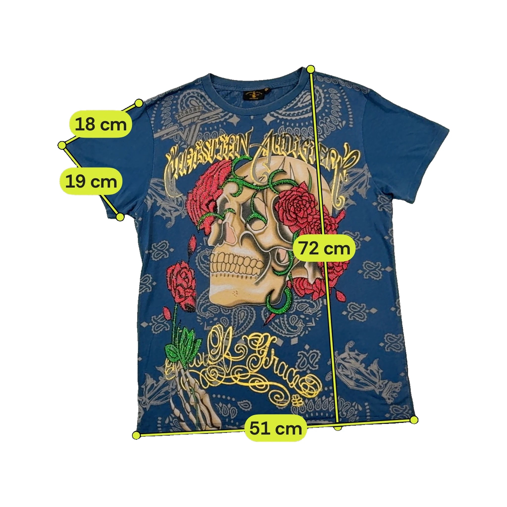 T-shirt Christian Audigier com strass e estampado de Caveira e rosa