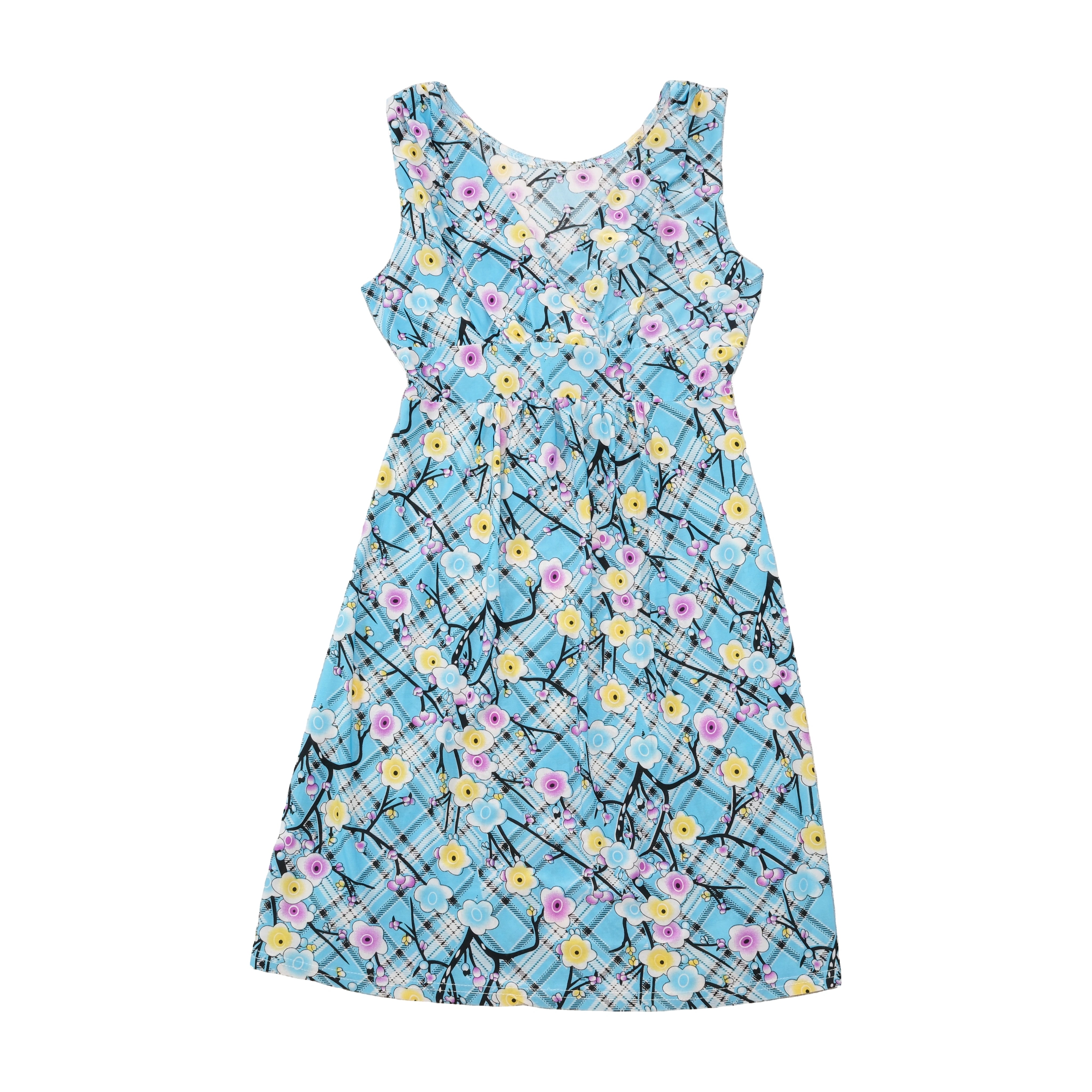 Vintage Blue Floral Plaid Sleeveless Dress