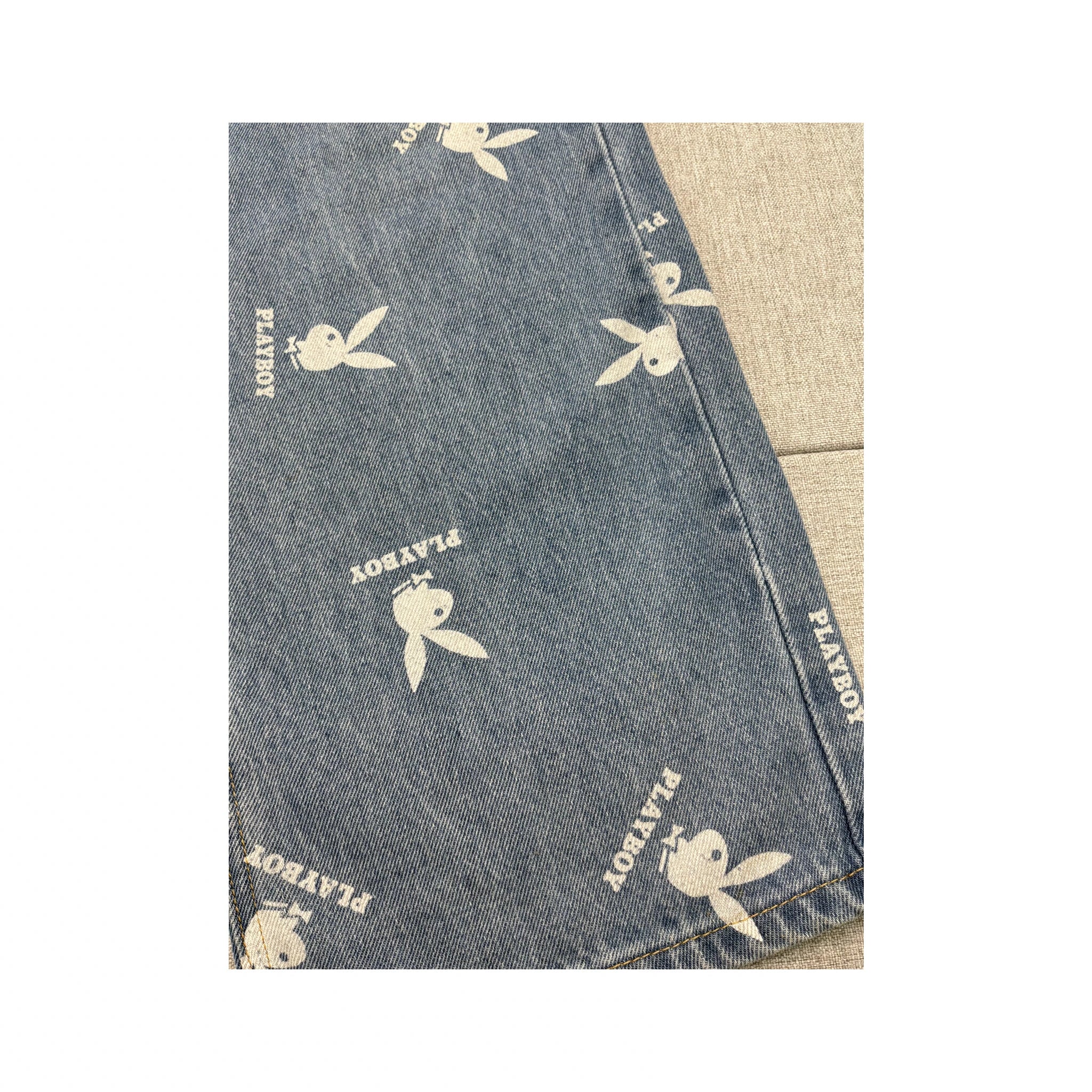 Playboy Allover Bunny Logo Print Wide Leg Denim Jeans