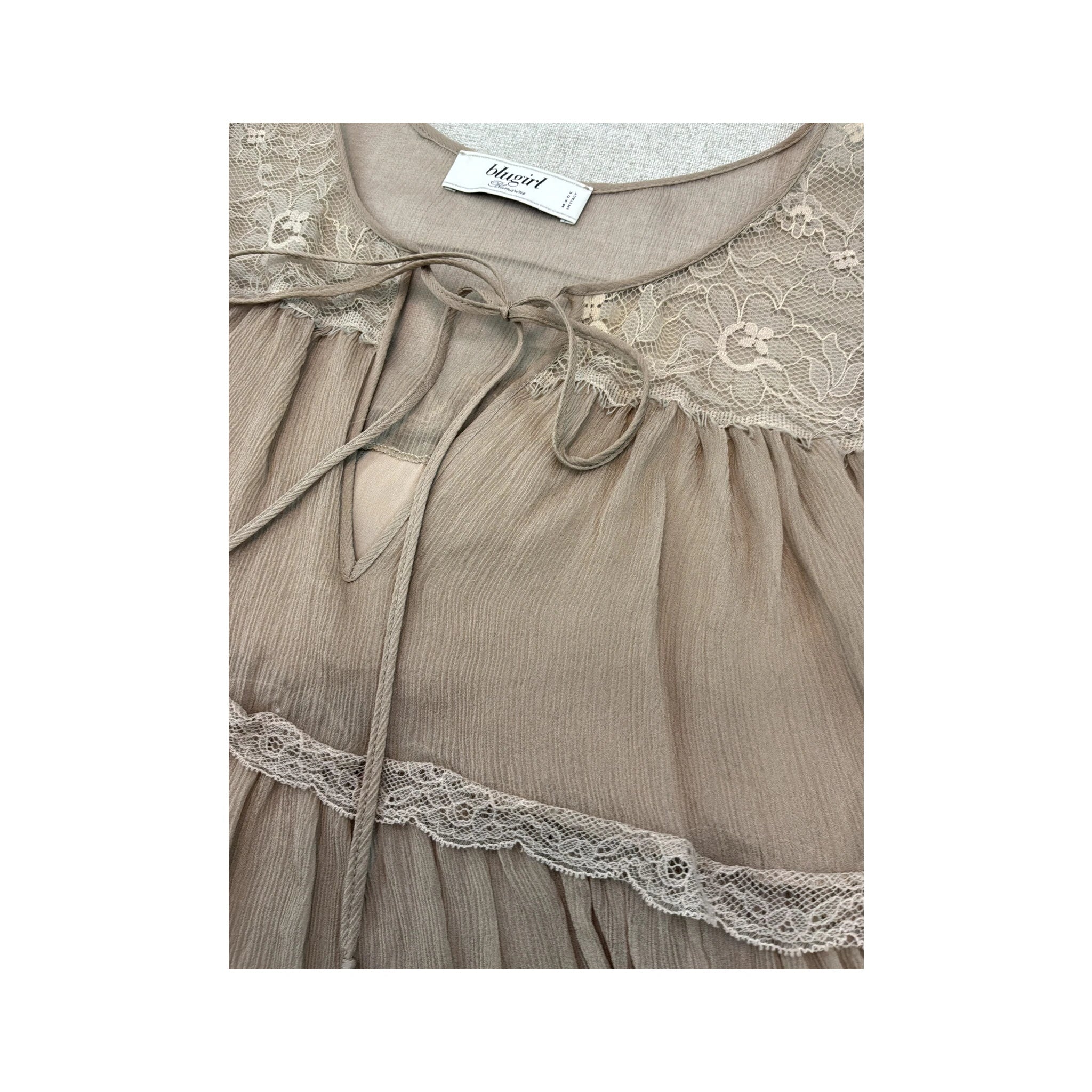 Blugirl by Blumarine Beige Tiered Lace Trim Silk Dress