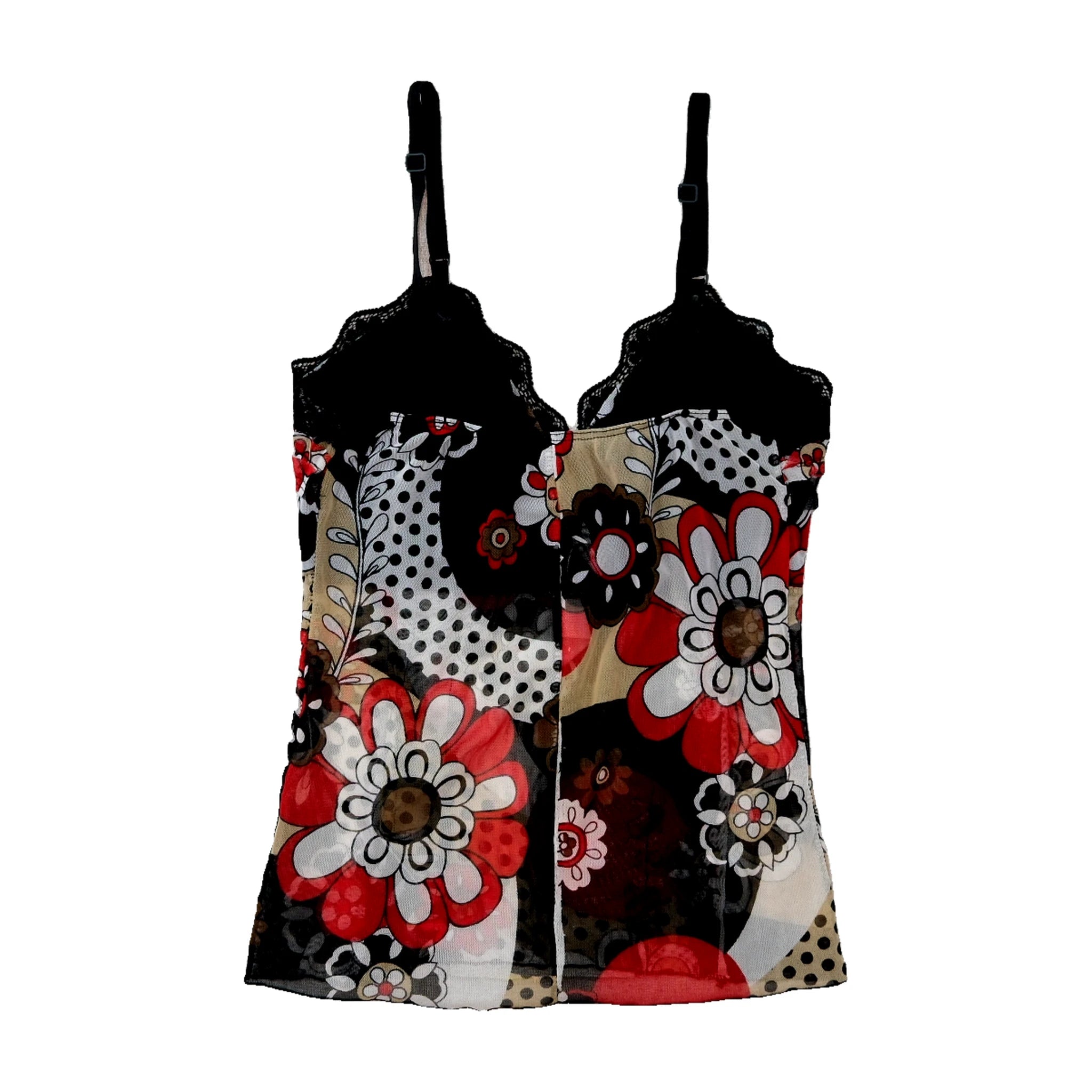 Floral & Polka Dot Lace-Trim Mesh Camisole Top