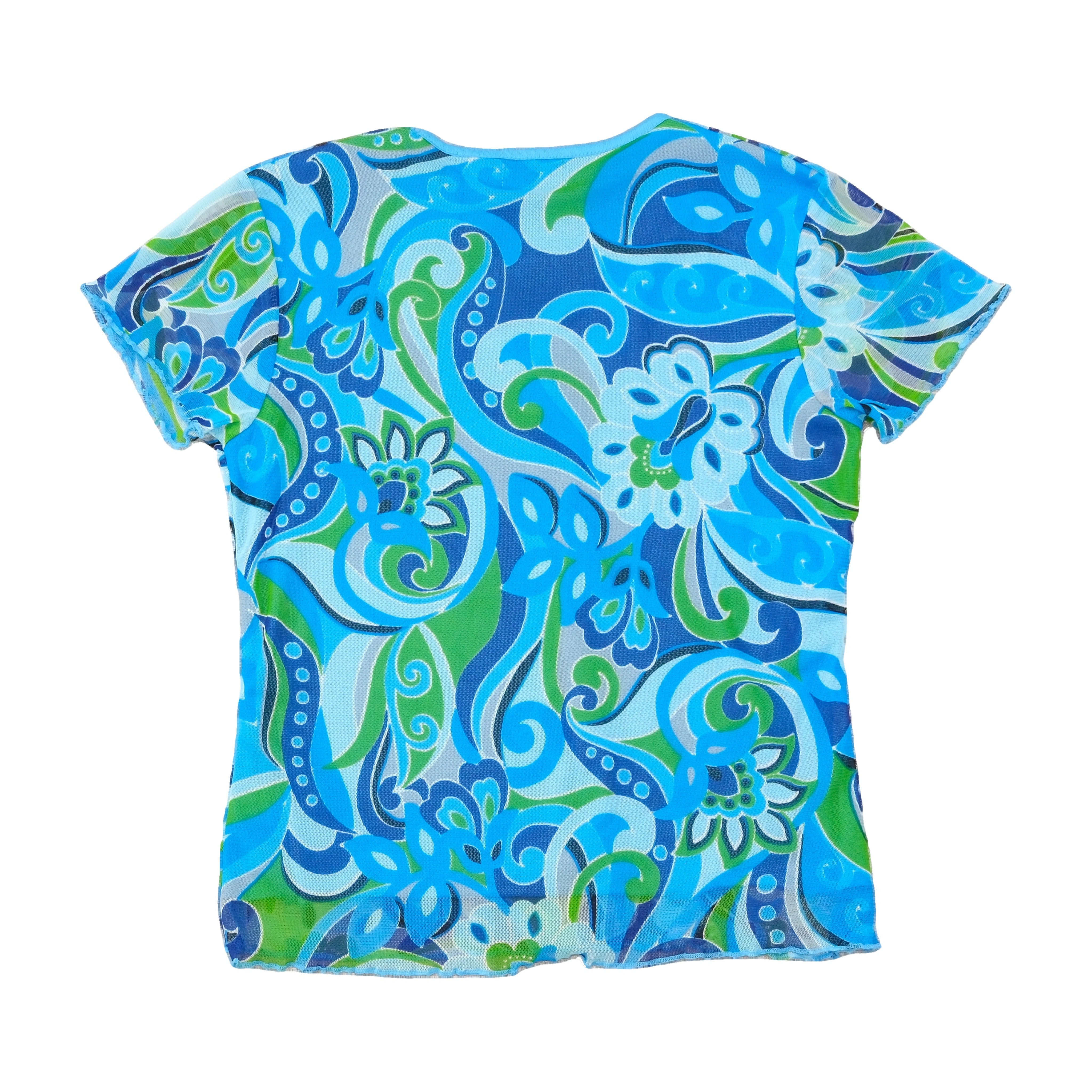 Pure System Blue Green Psychedelic Floral Mesh Blouse