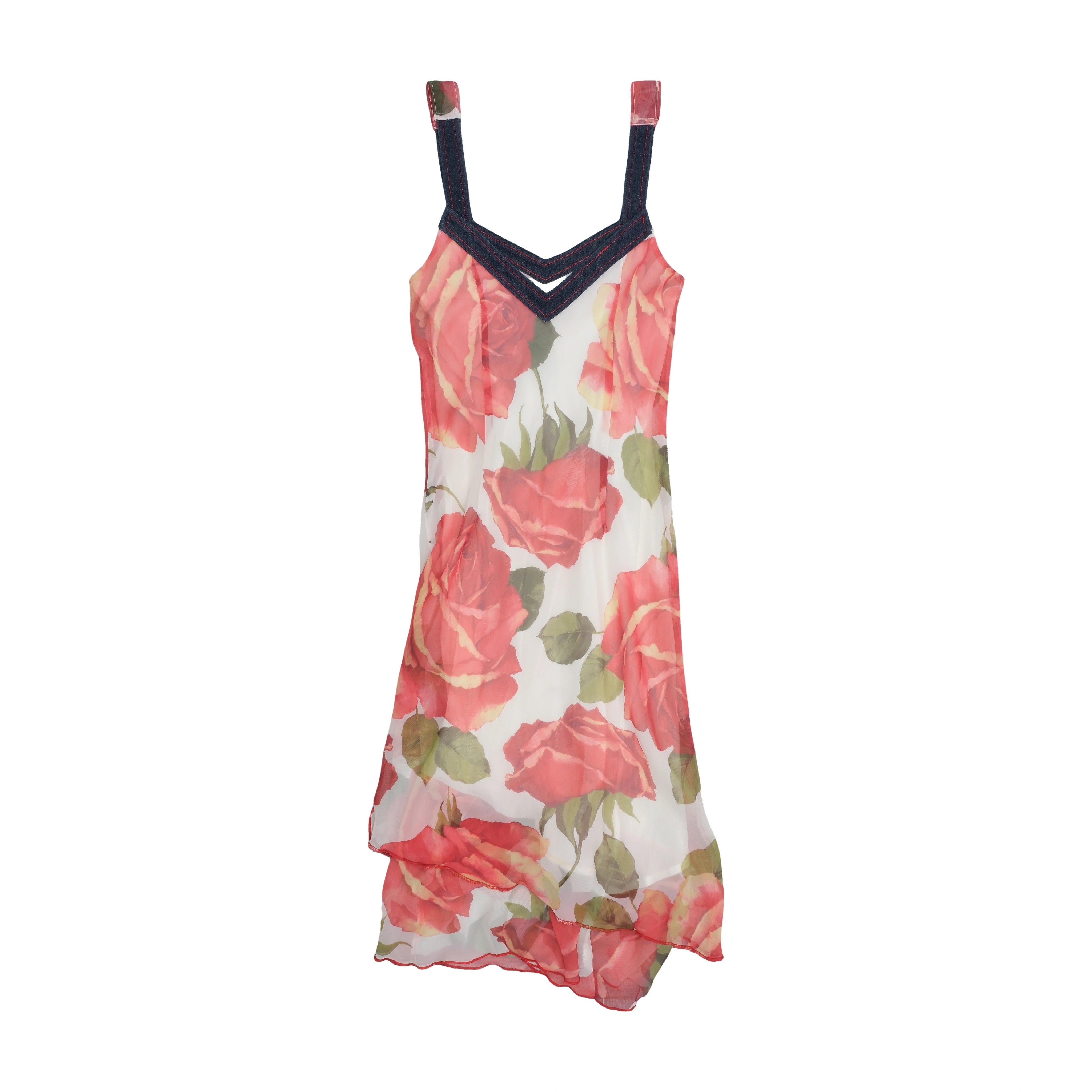Floral Print Denim Trim Slip Dress