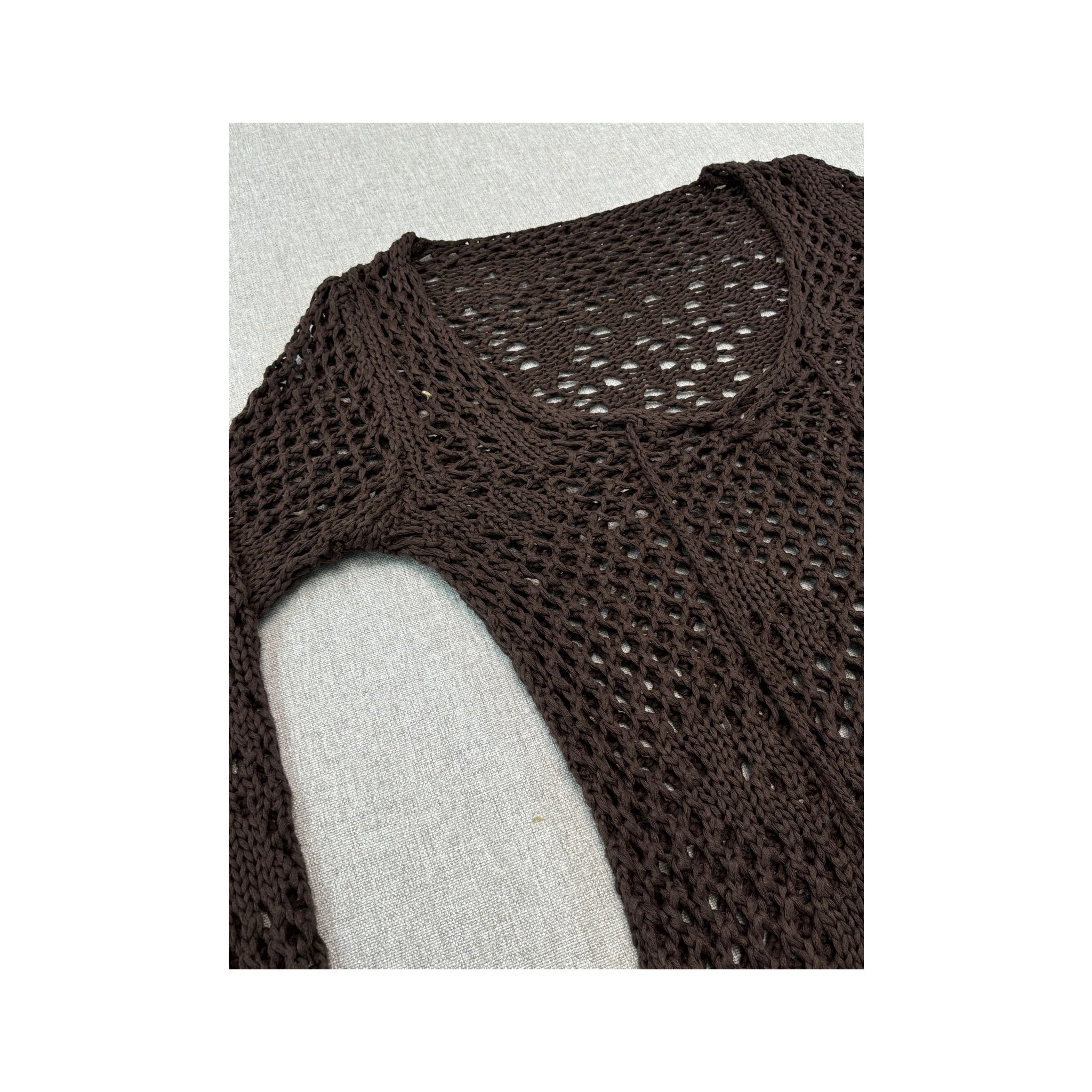 Brown Crochet Knit V-Neck Sweater