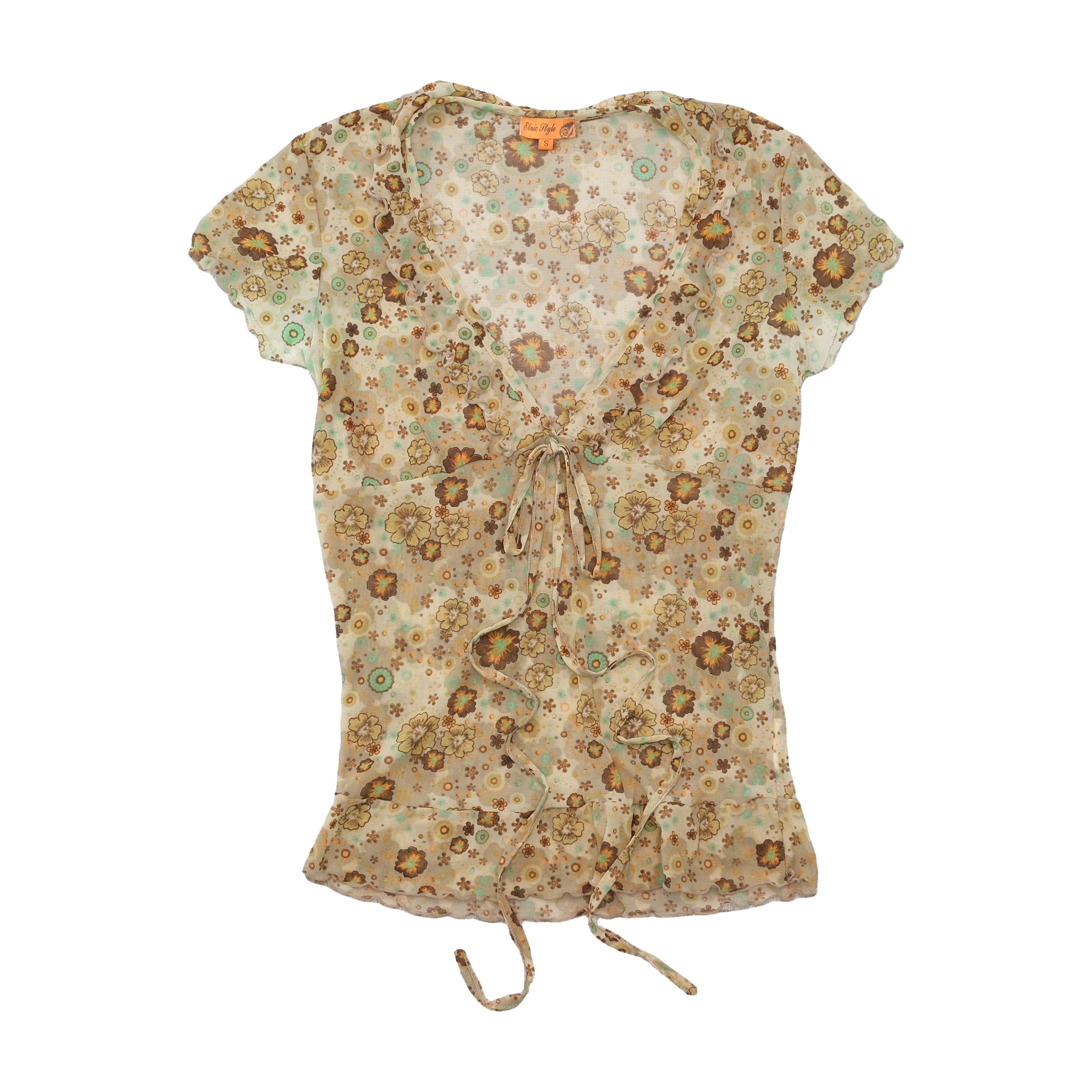 Elin Style Floral Mesh Tie Front Blouse