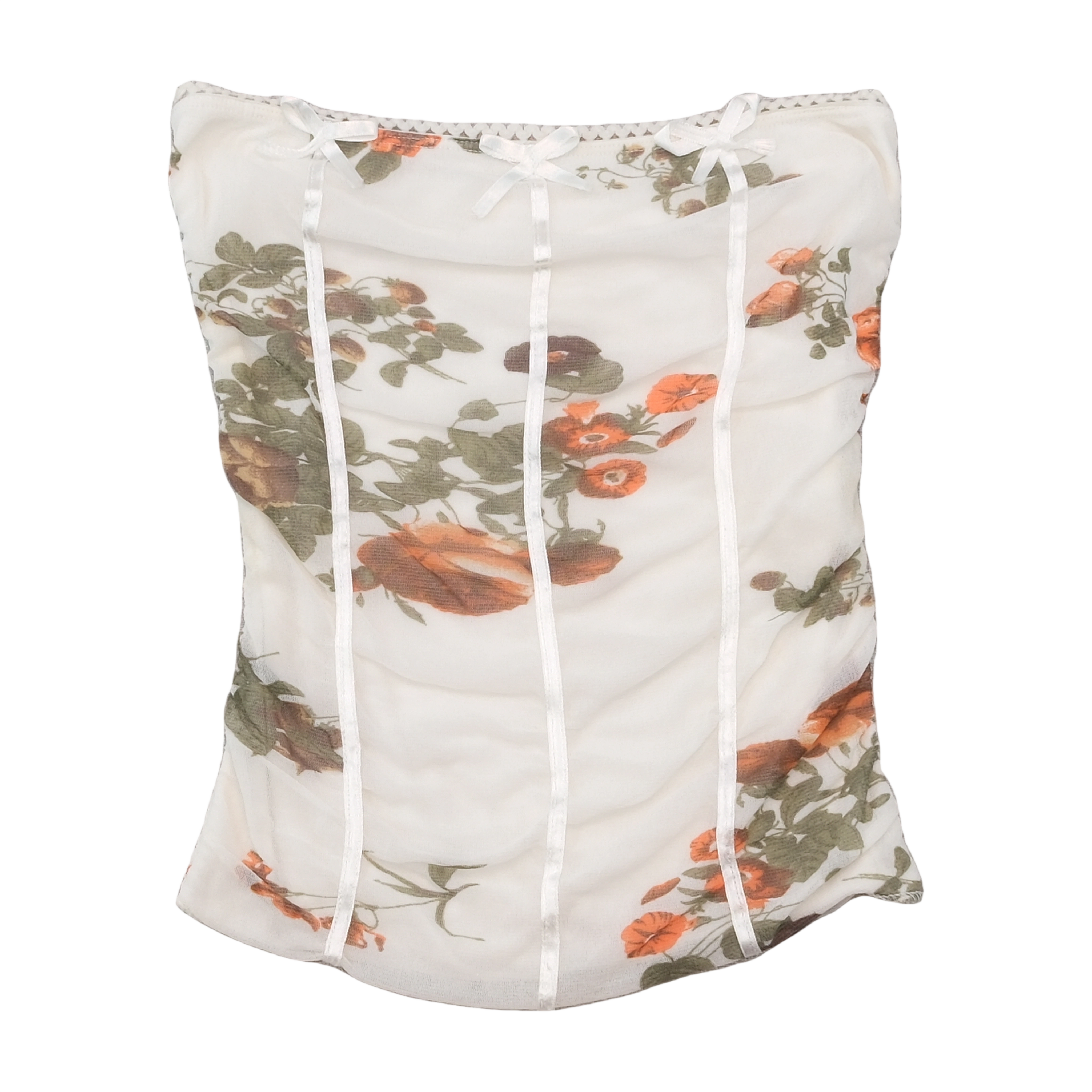 Floral Mesh Ruched Bow Trim Tank Top