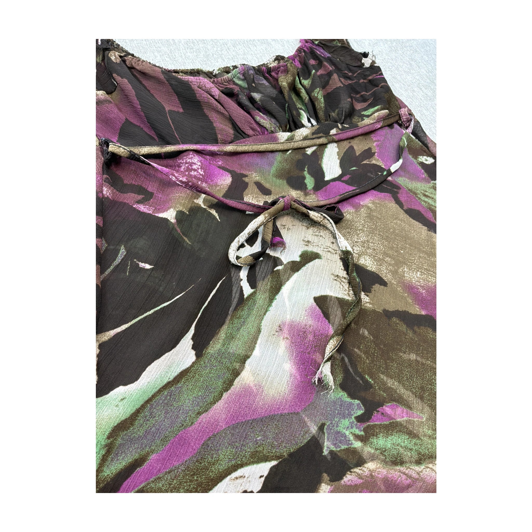 Purple & Green Floral Chiffon Babydoll Tank Top with Waist Tie