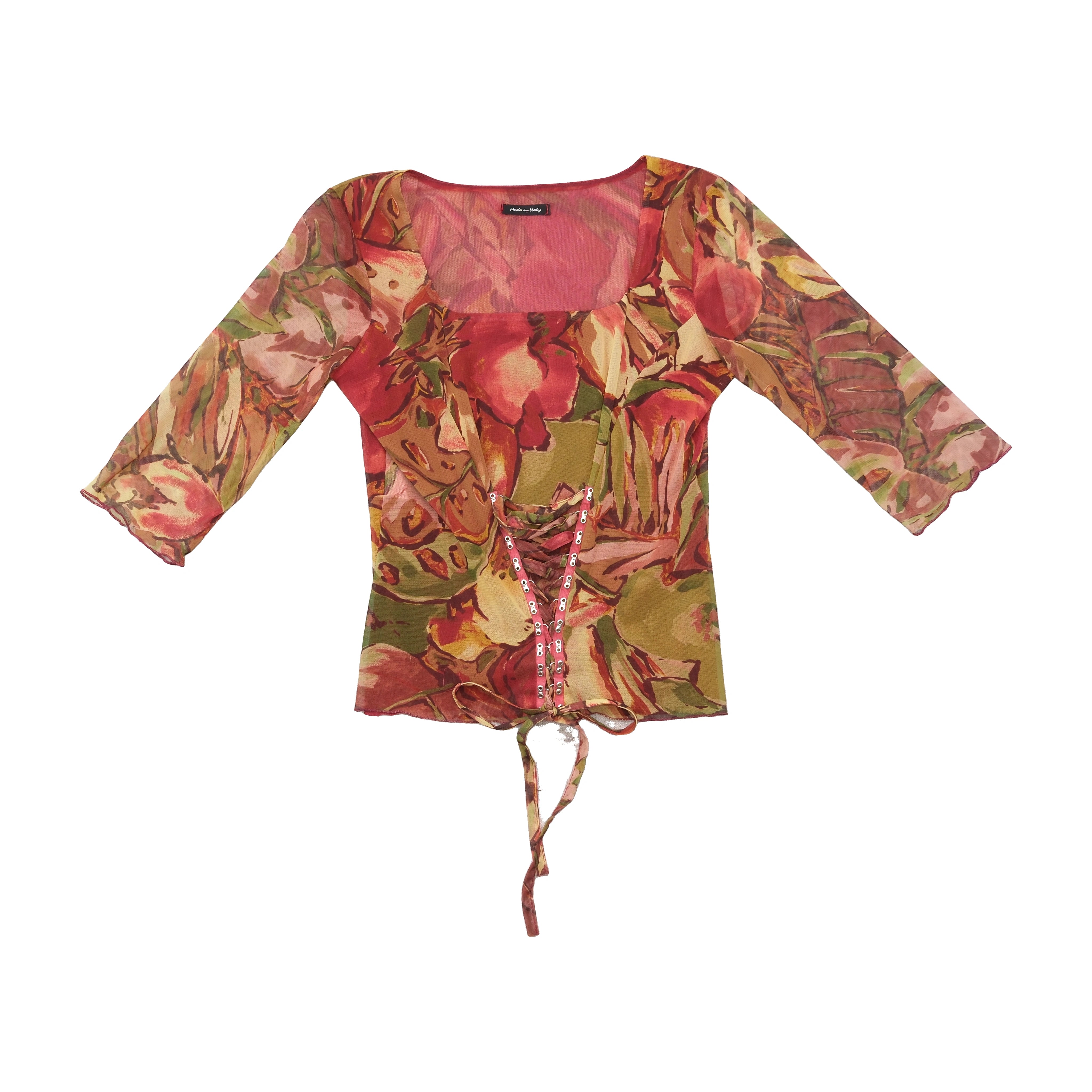 Made in Italy Tropical Print Lace Up Mesh Blouse