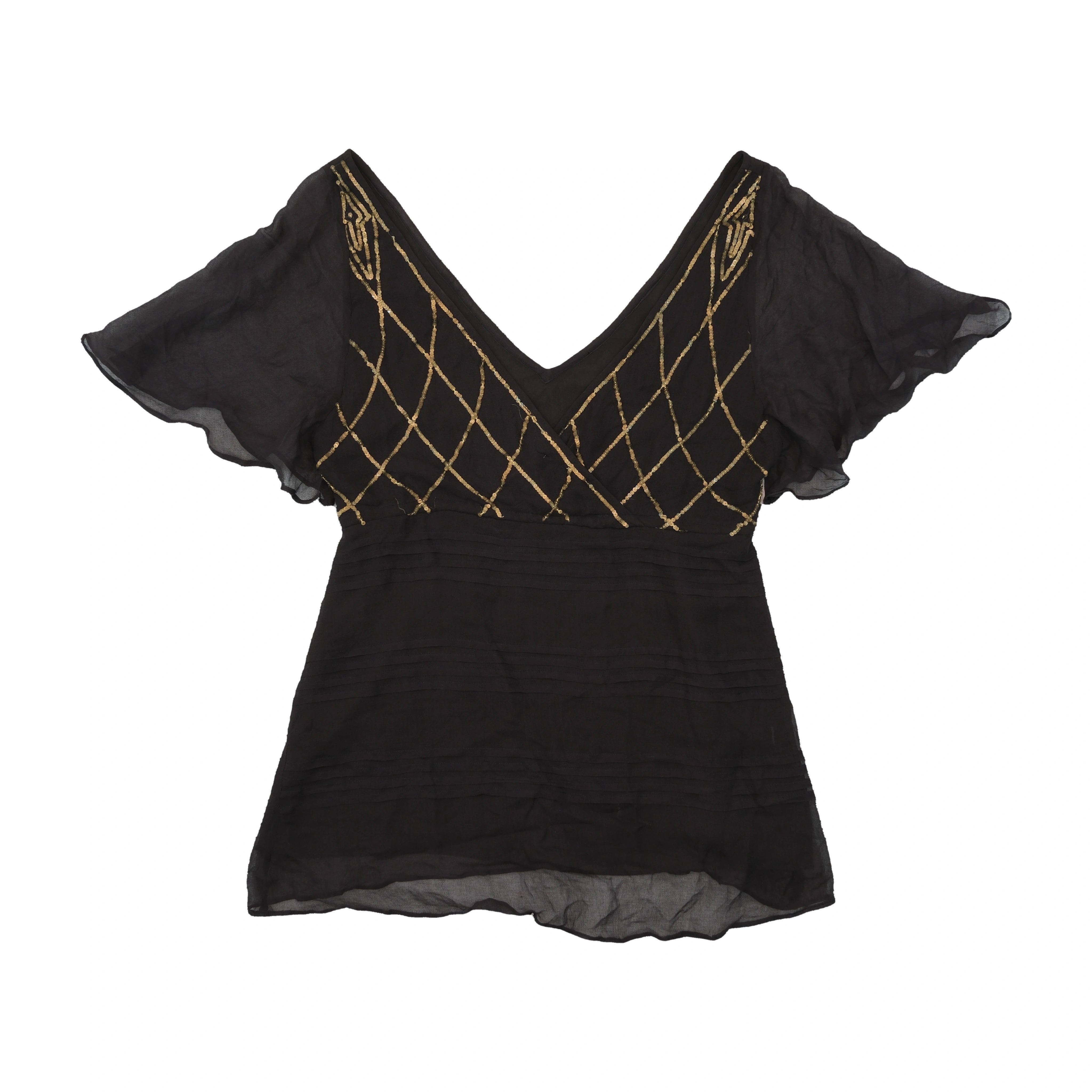 Black Silk Sequin Embellished Flutter Sleeve Blouse