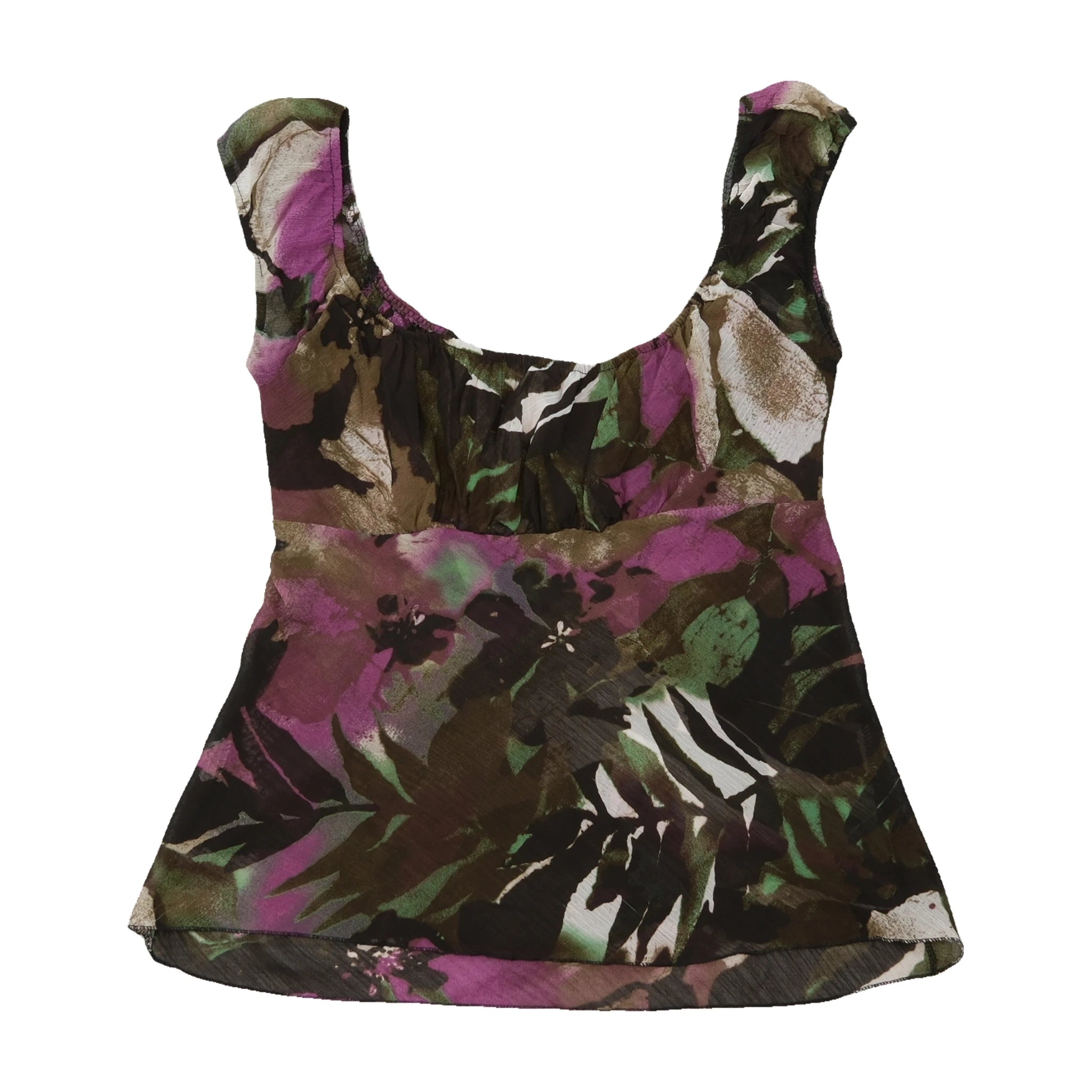 Purple & Green Floral Chiffon Babydoll Tank Top with Waist Tie