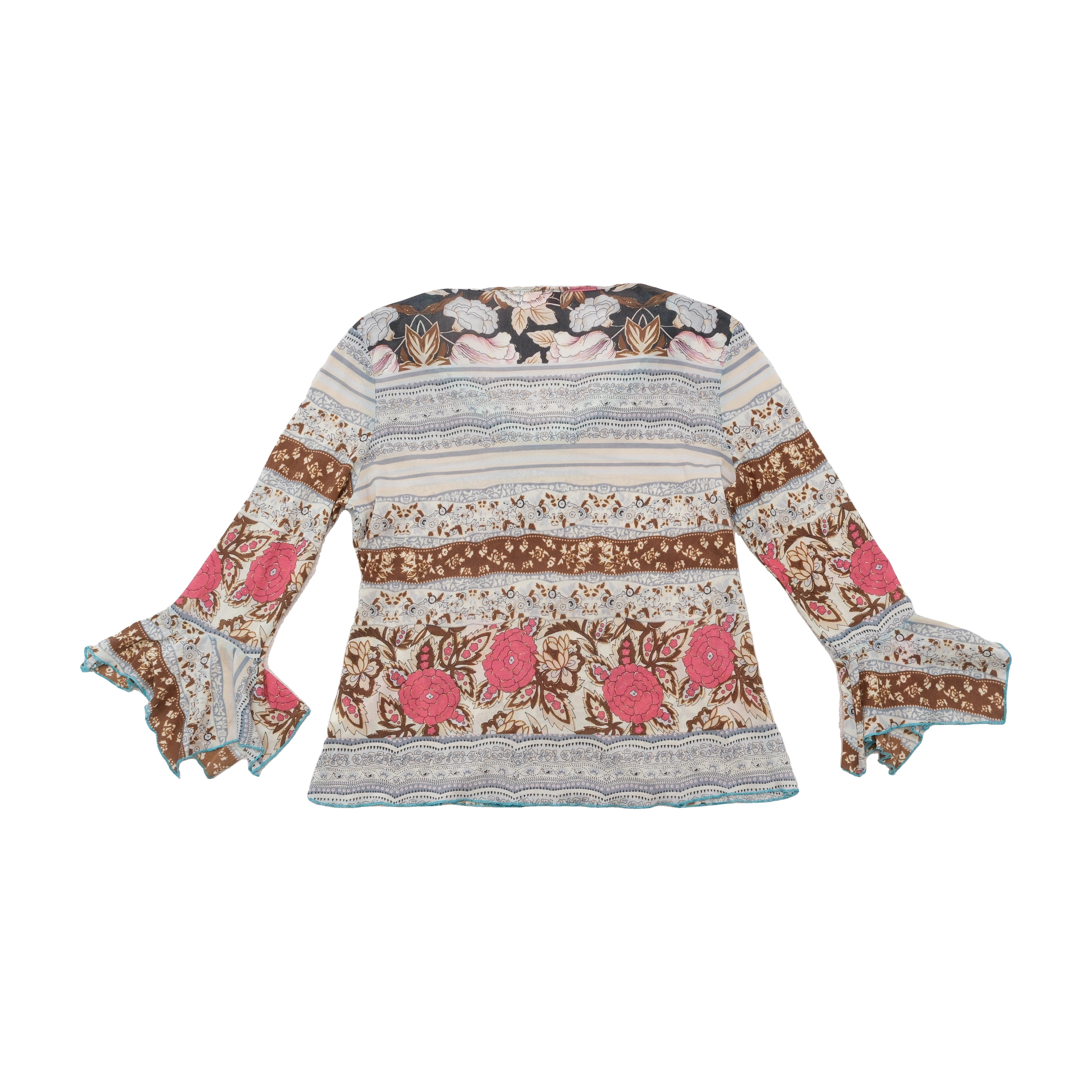 Max-w Floral Stripe Crochet Trim Bell Sleeve Blouse (repriced)