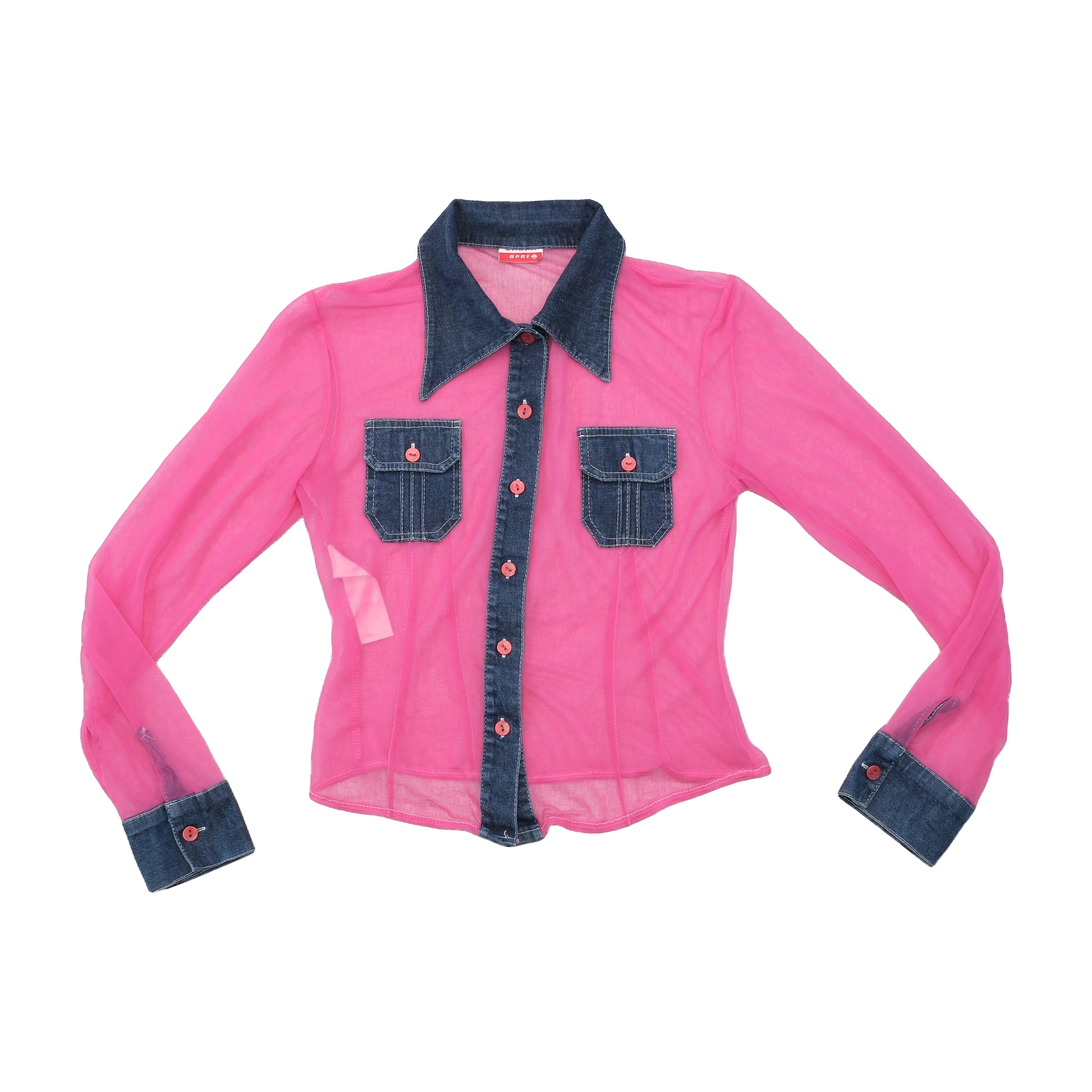 Babe Sheer Pink Mesh Button Up Shirt with Denim Trim
