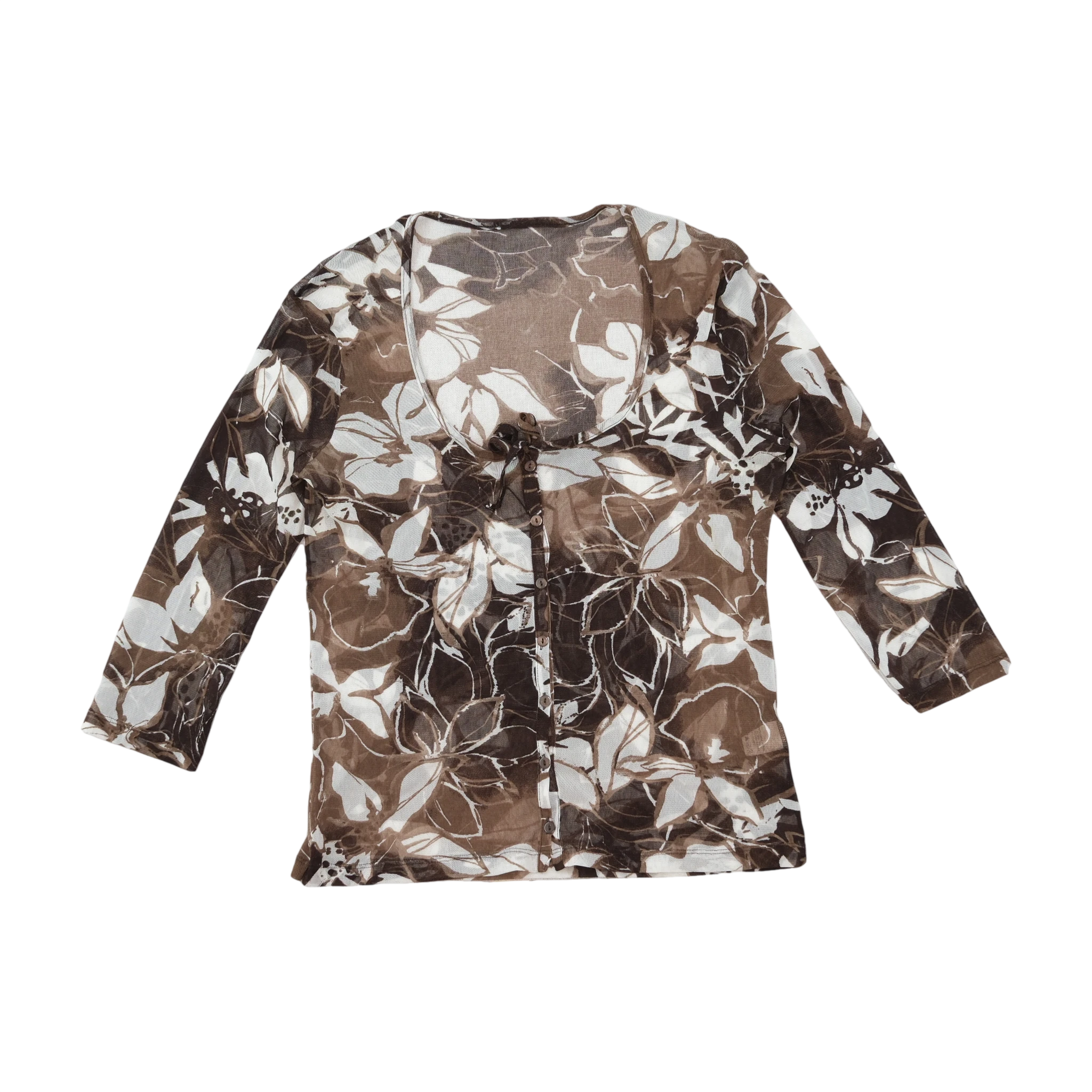 Sheer Brown Floral Mesh Button-Front Top