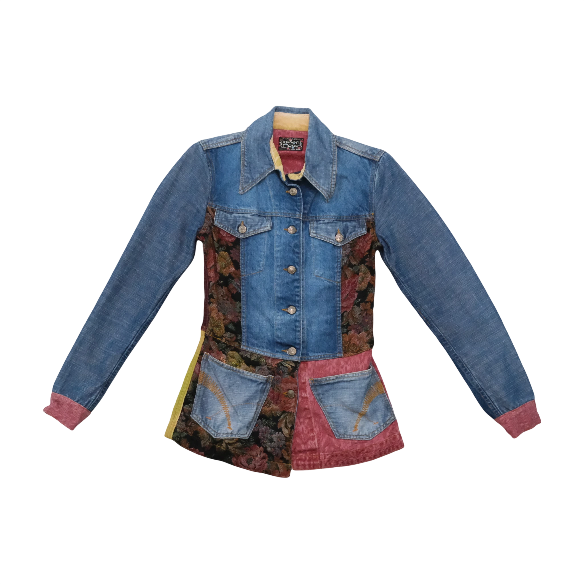 Indian Rose Vintage Patchwork Denim Jacket with Floral Tapestry Panels (Repriced)