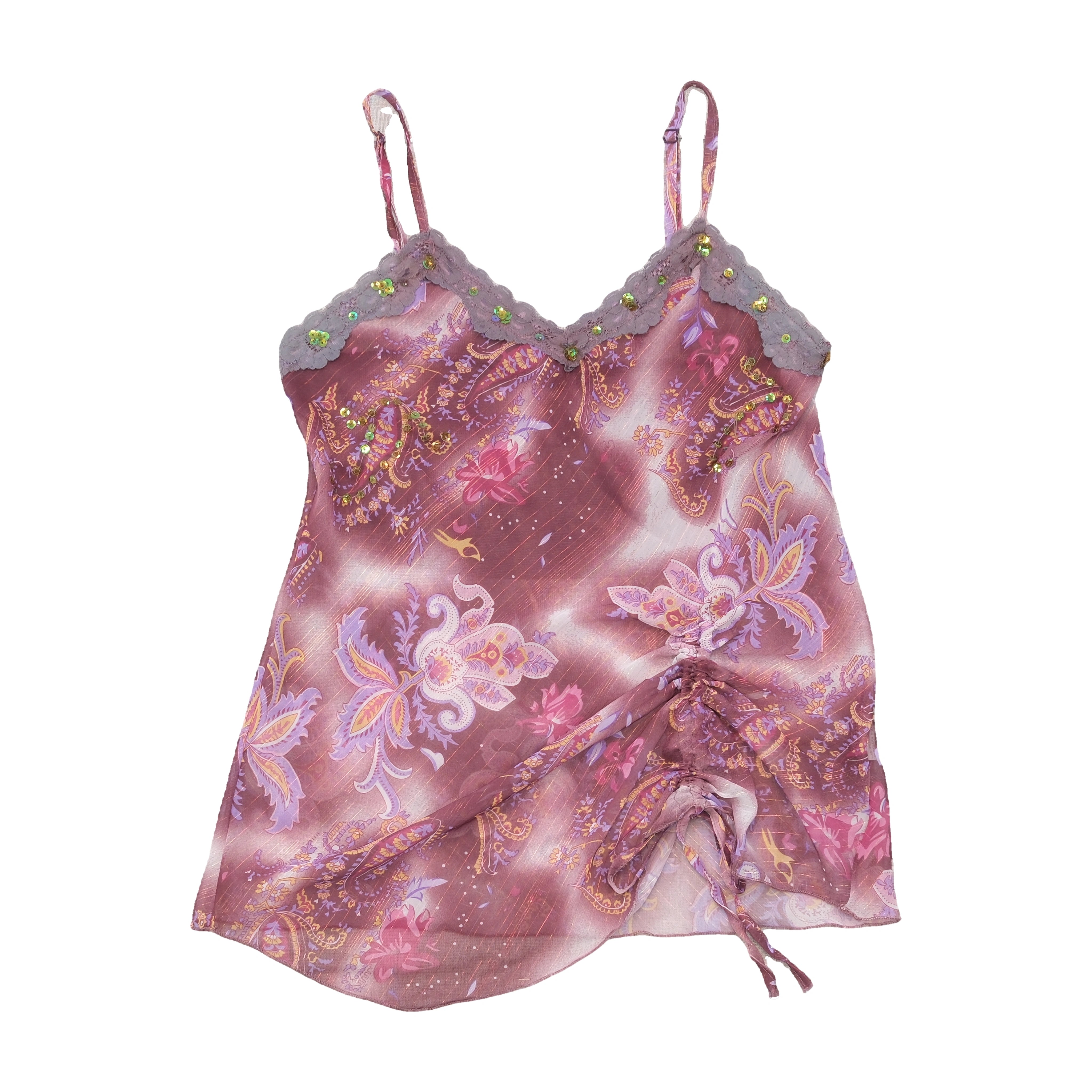 Y2K Paisley Beaded Lace Trim Sheer Tank Top