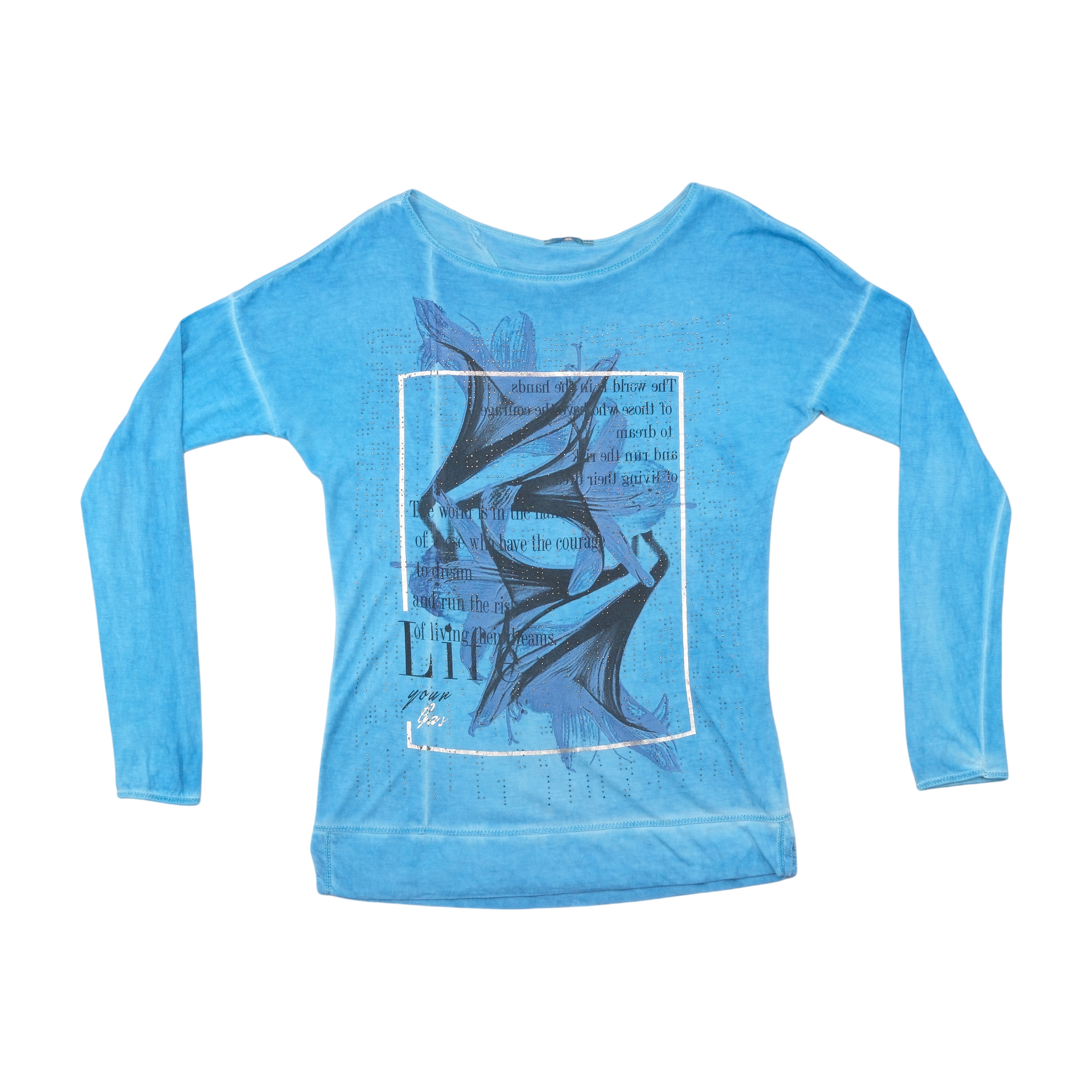 Blue Graphic Rhinestone Long Sleeve T-shirt