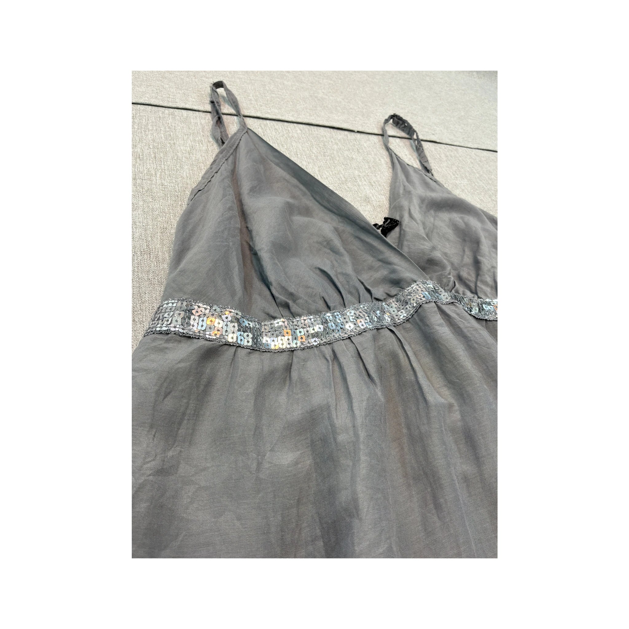 Peccati Gray Sequin Trim Silk Cotton Tank Top
