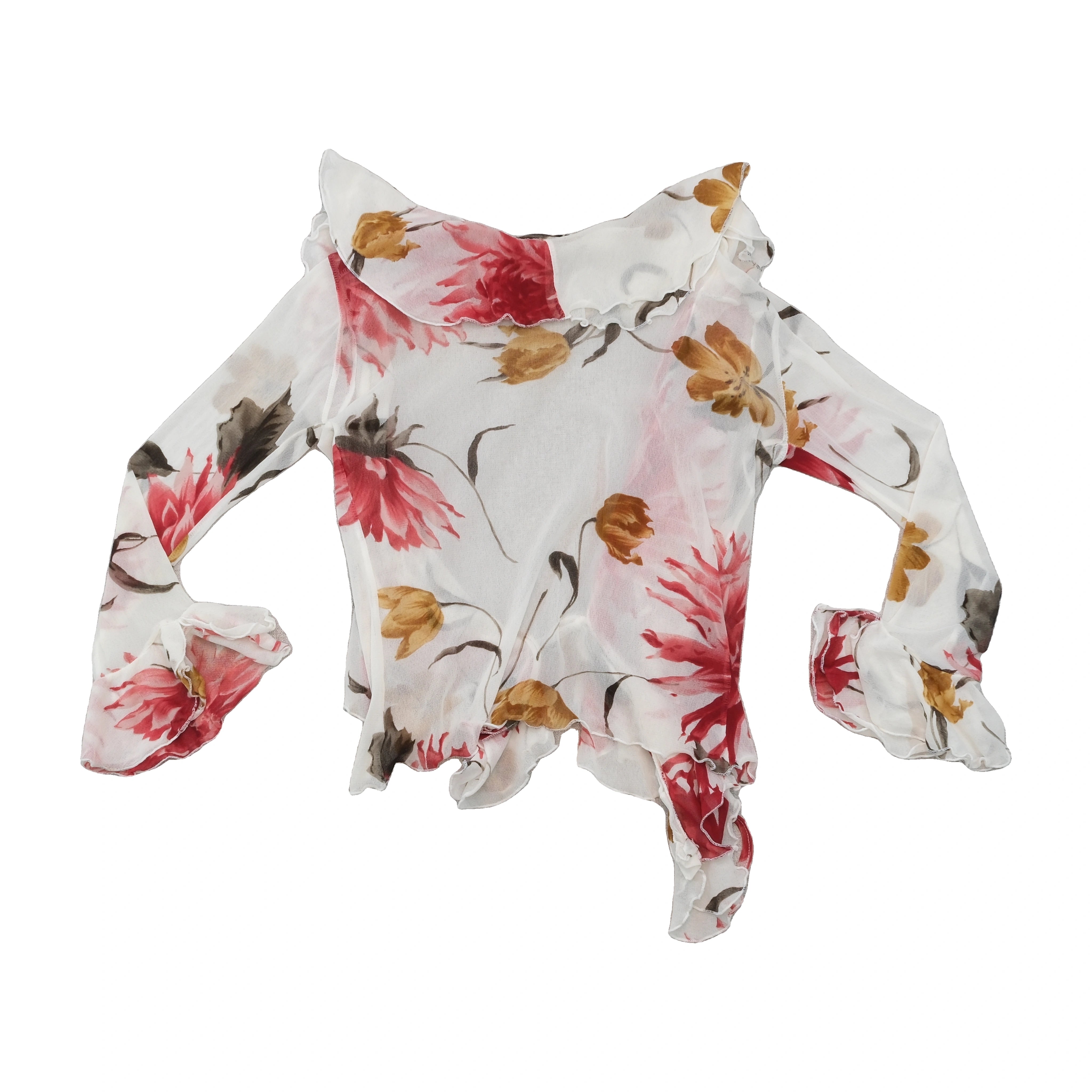 BLU In Firenze Sheer Floral Ruffle Tie Front Blouse