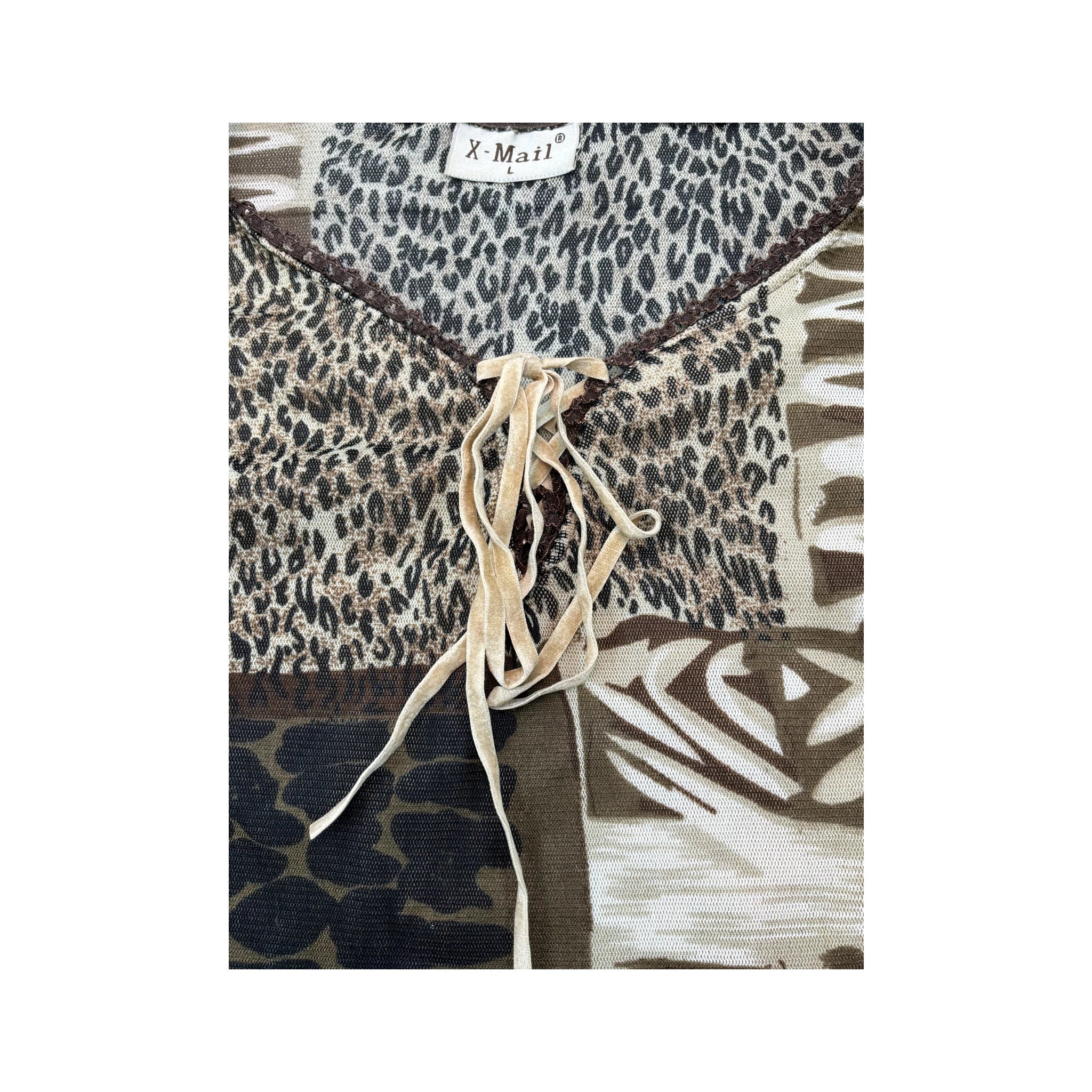X-Mail Abstract Animal Print Lace-Up Mesh Blouse (Repriced)