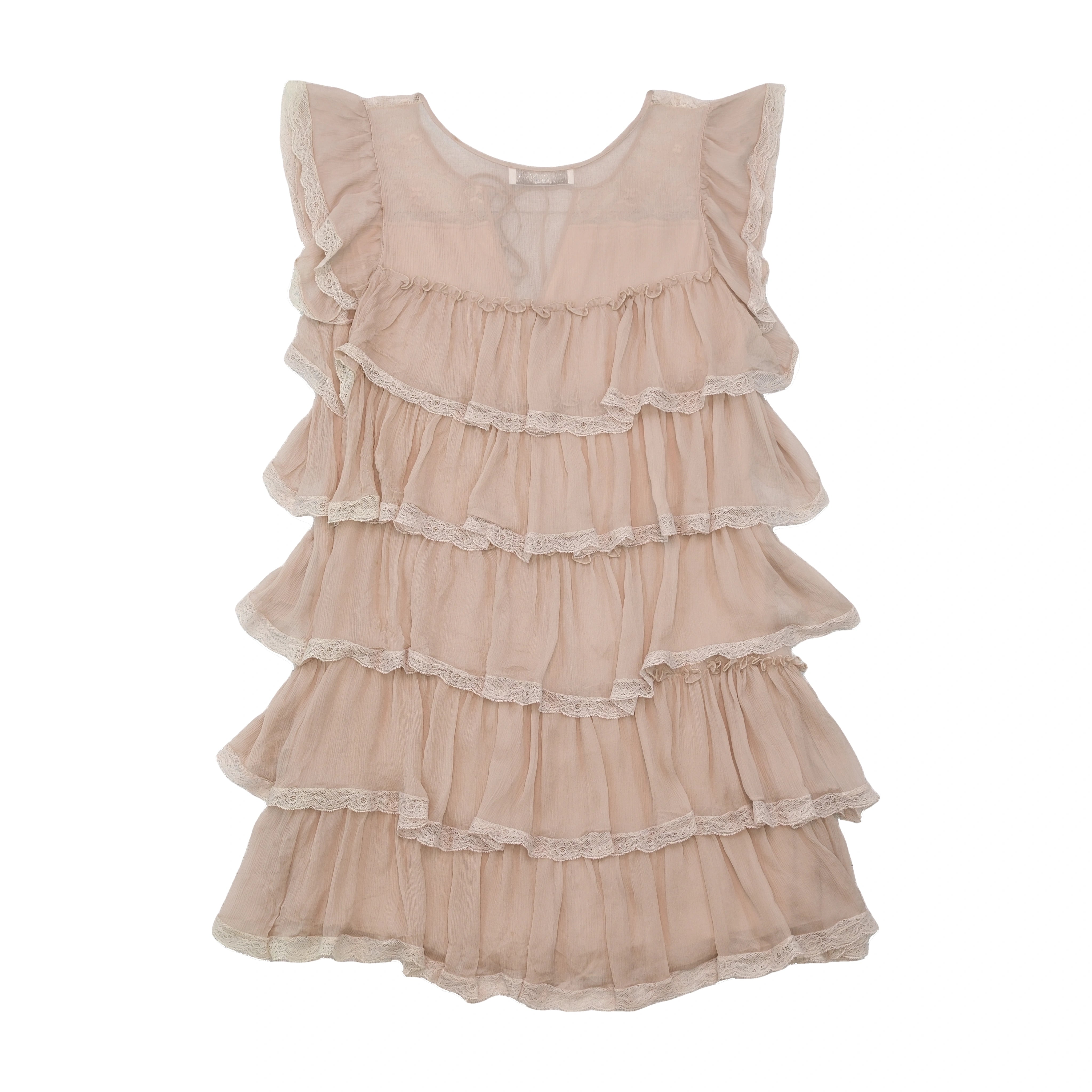 Blugirl by Blumarine Beige Tiered Lace Trim Silk Dress