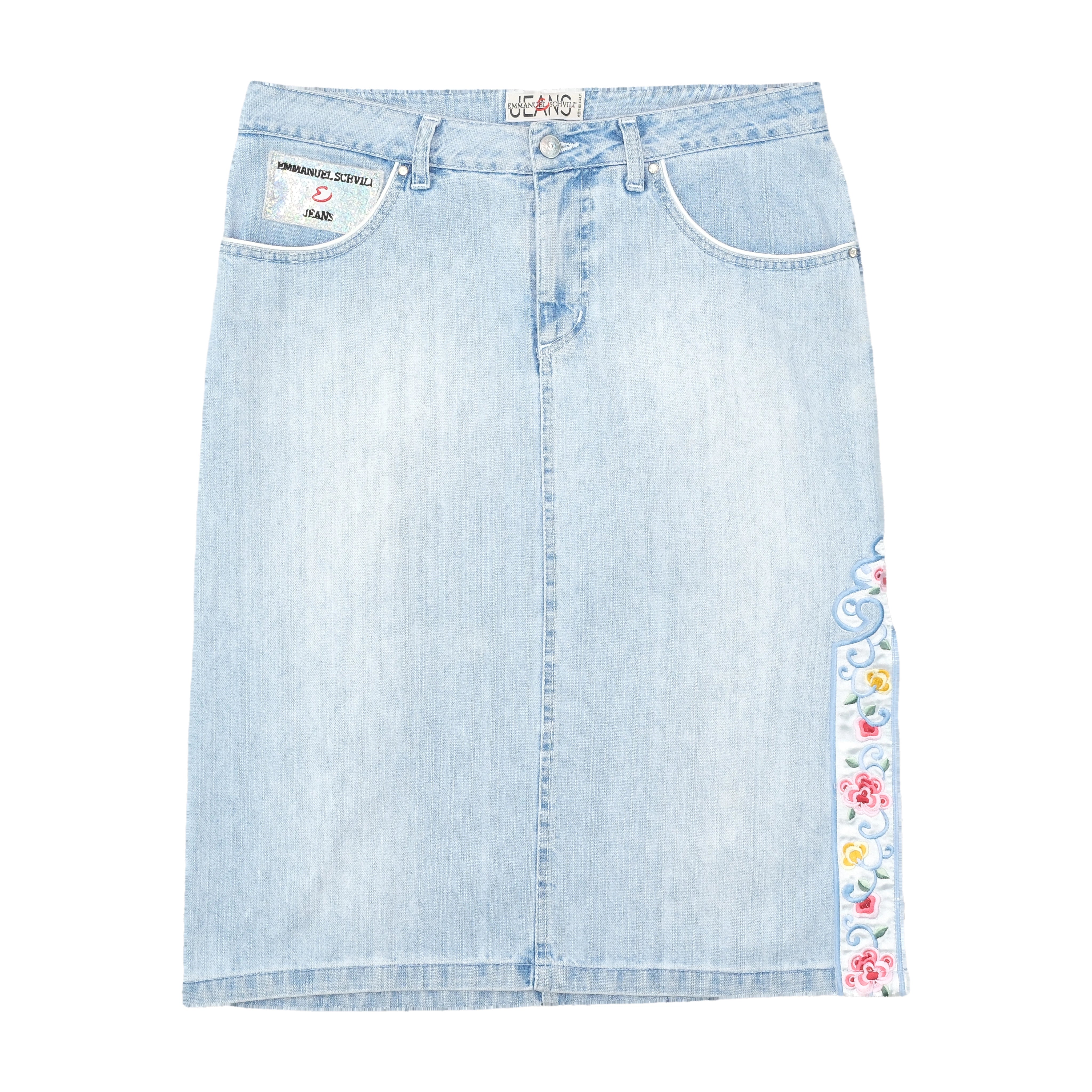 Emmanuel Schvili Embroidered Side Panel Light Wash Denim Skirt