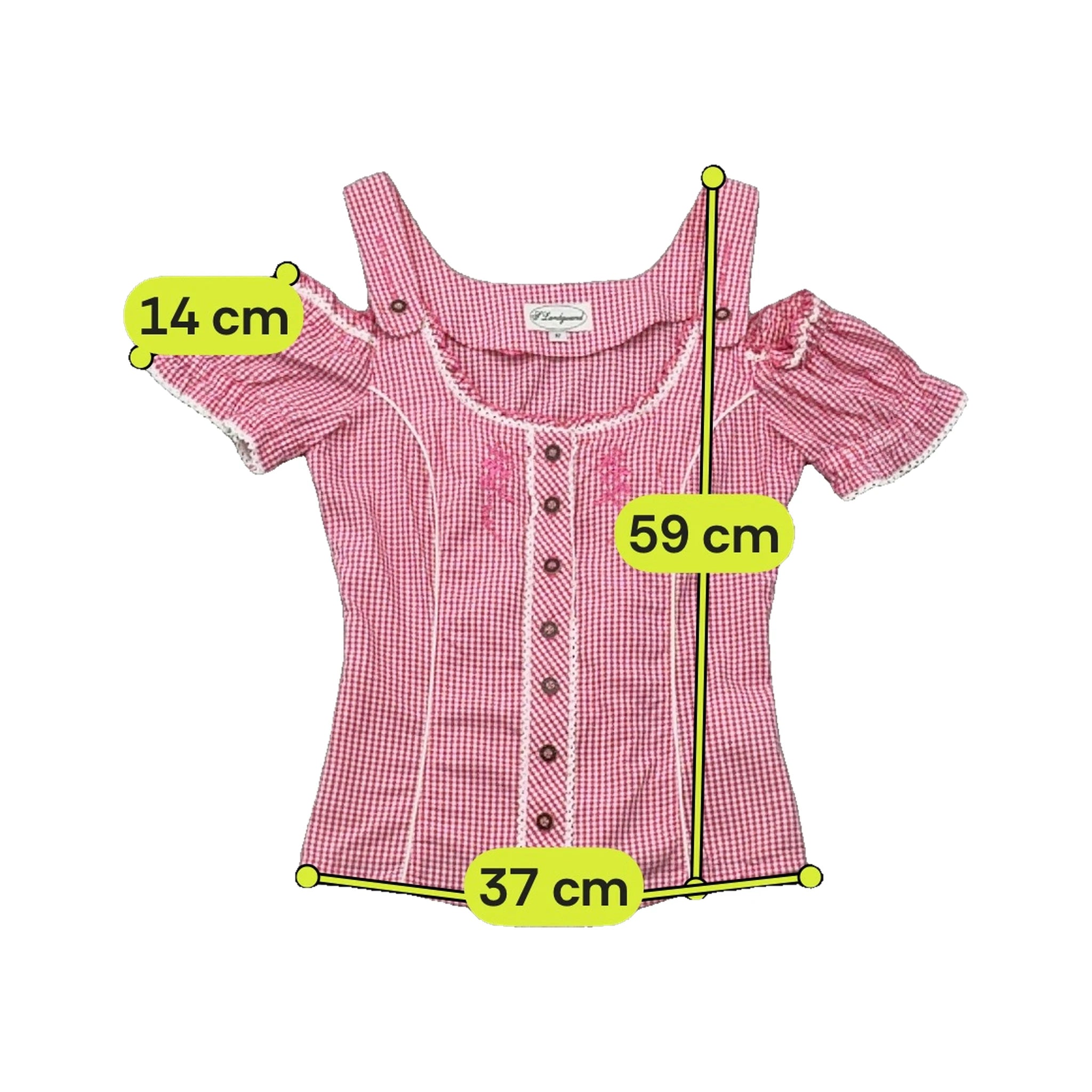 Blusa Landgewand em algodão Bordado rosa com xadrez Vichy e Acabamento em renda