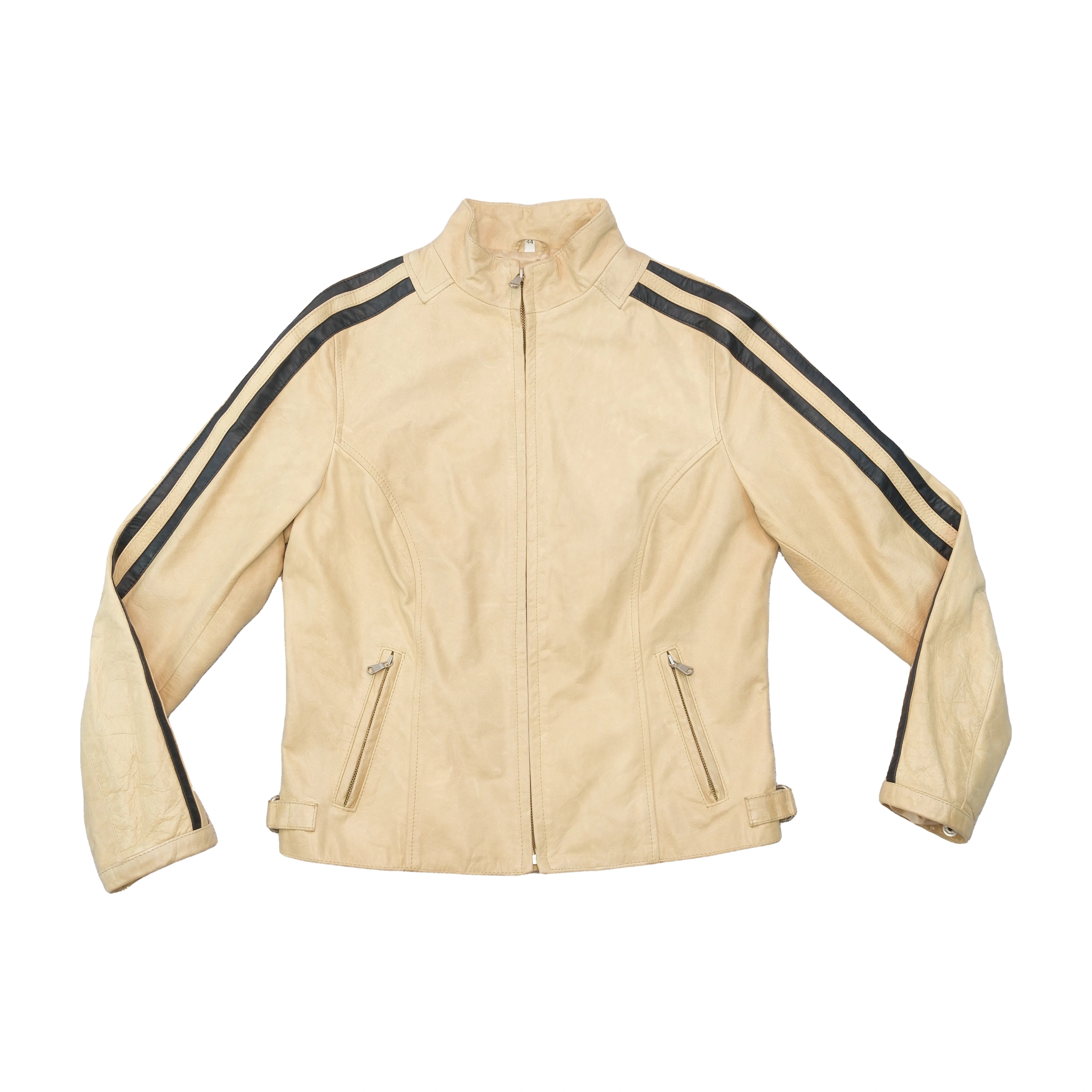 Vintage Beige Leather Moto Jacket with Black Racing Stripes