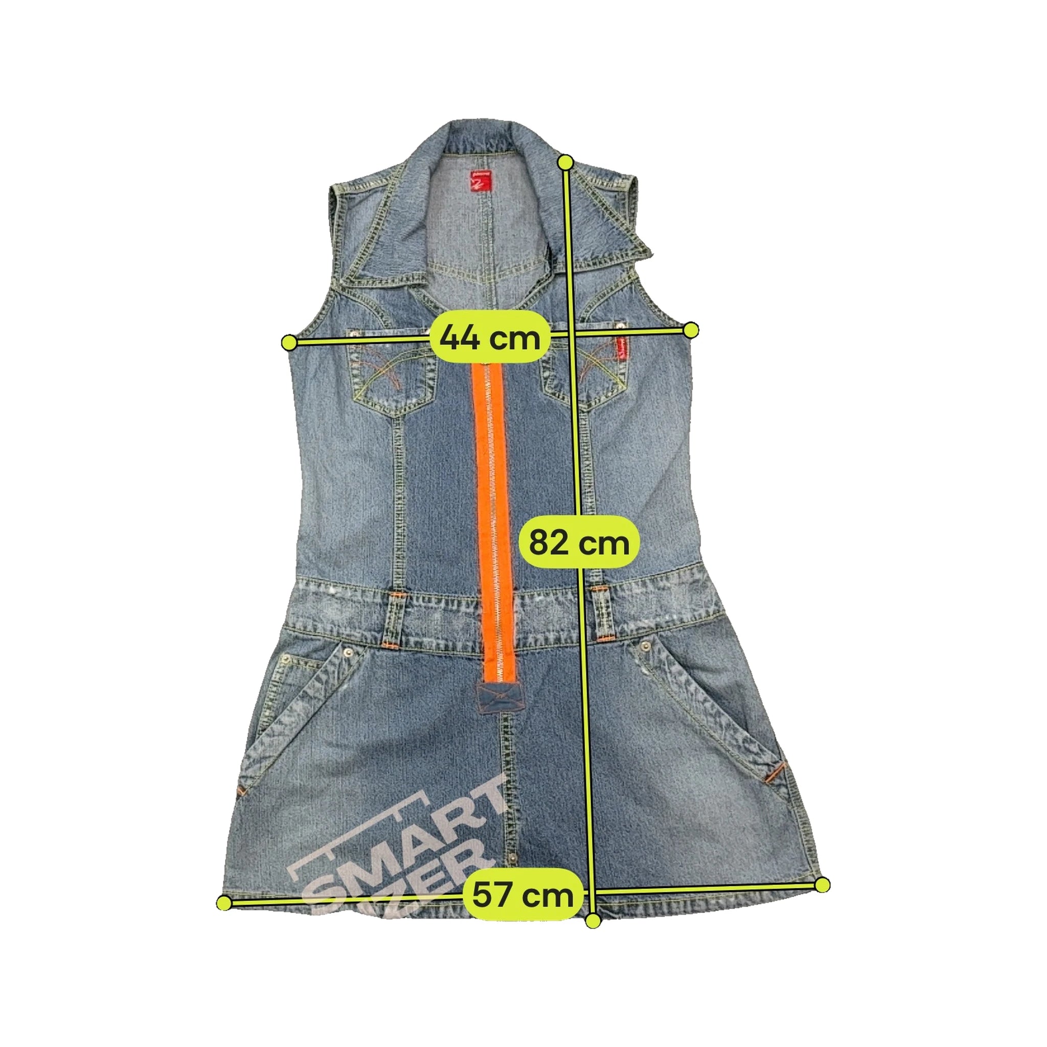 Mini vestido Phard vintage sem mangas em ganga de algodão com Fecho à Frente