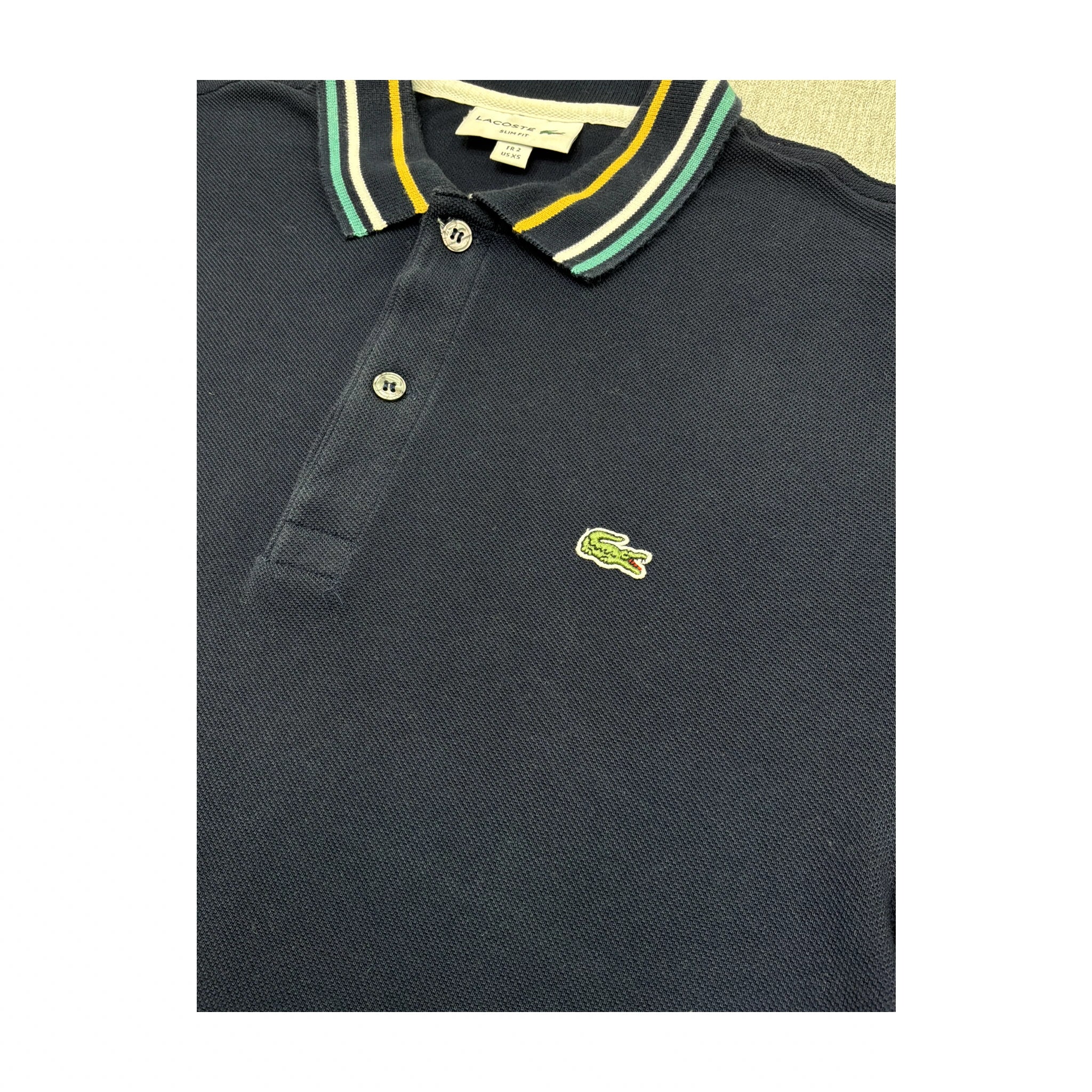 Lacoste Slim Fit Navy Striped Collar Cotton Polo Shirt