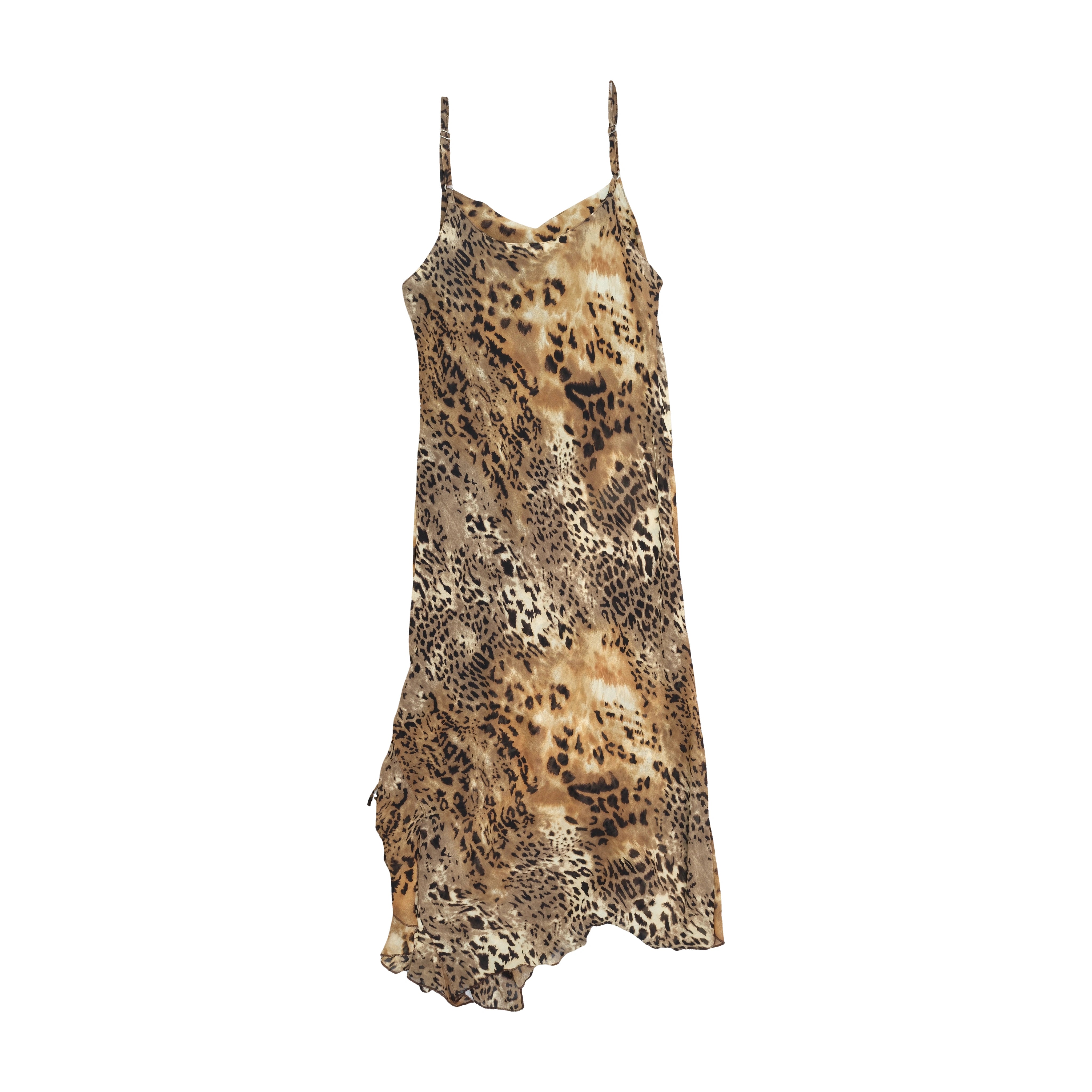 Leopard Print Ruffle Asymmetrical Handkerchief Hem Slip Dress