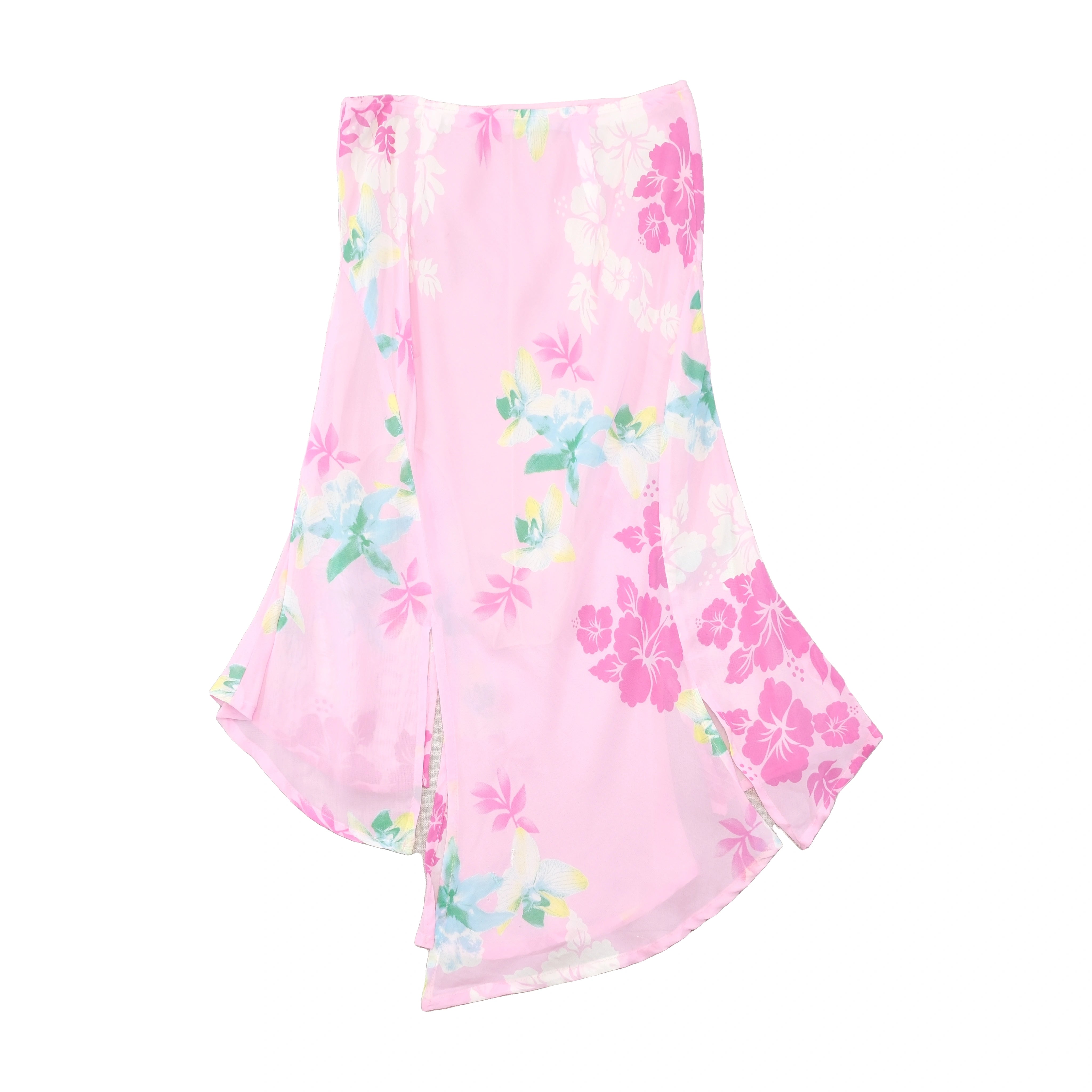 Saia vintage rosa com estampado floral Tropical e Bainha Lenço