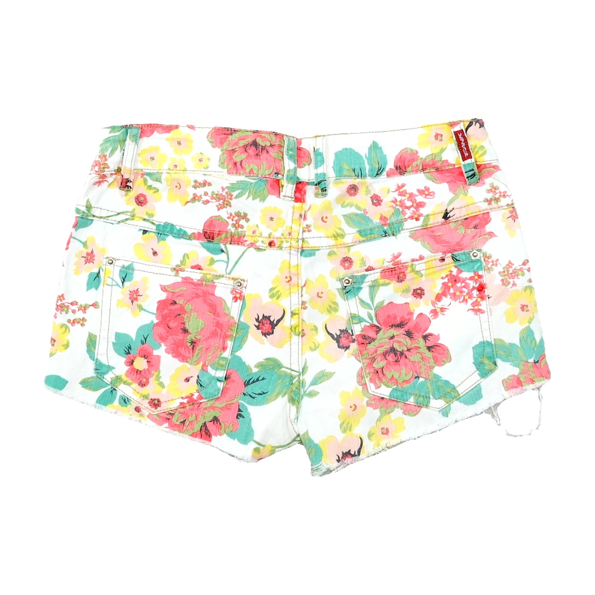 Calções em ganga com estampado floral e Bainha Desfiada