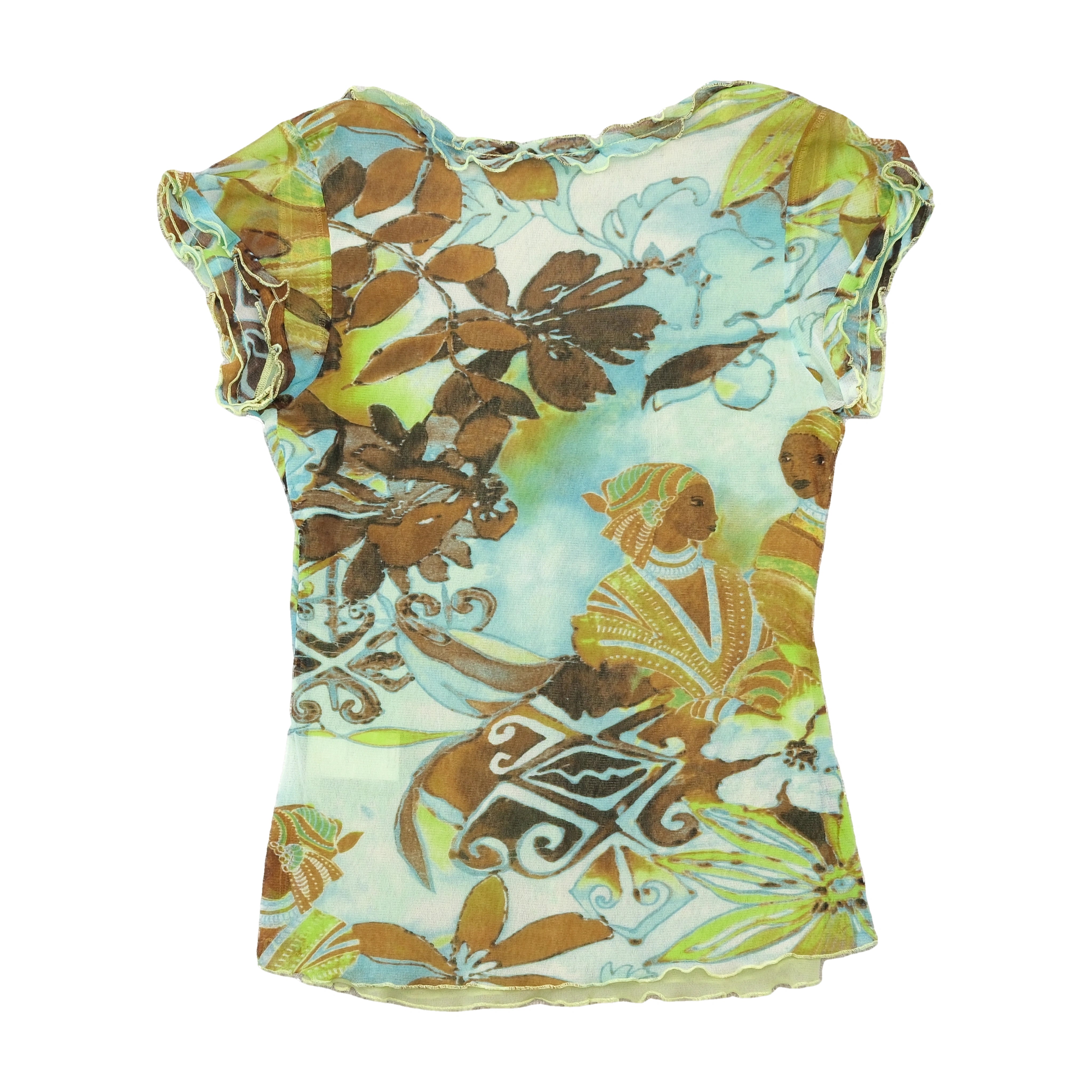 T-shirt Transparente em Rede floral com Acabamento de Folhos