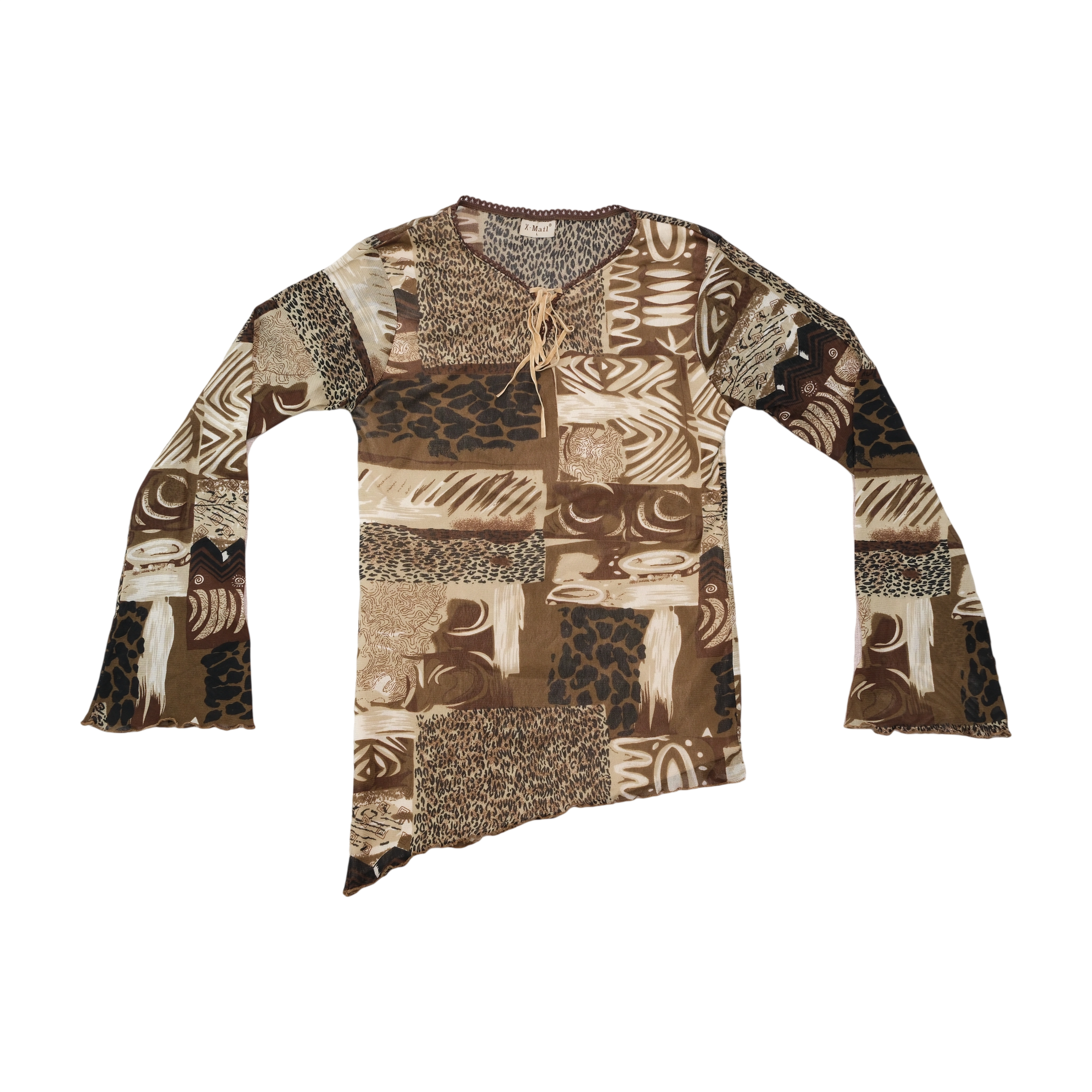 X-Mail Abstract Animal Print Lace-Up Mesh Blouse (Repriced)